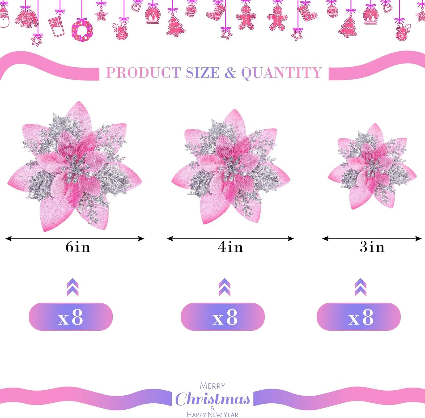 24 Christmas Glitter Artificial Poinsettia Flowers Xmas Poinsettia Artificial Wedding Flowers Decorations Xmas Tree Ornaments with Clips for Party Favors, 6 Inch, 4 Inch, 3 Inch (Pink and Silver)