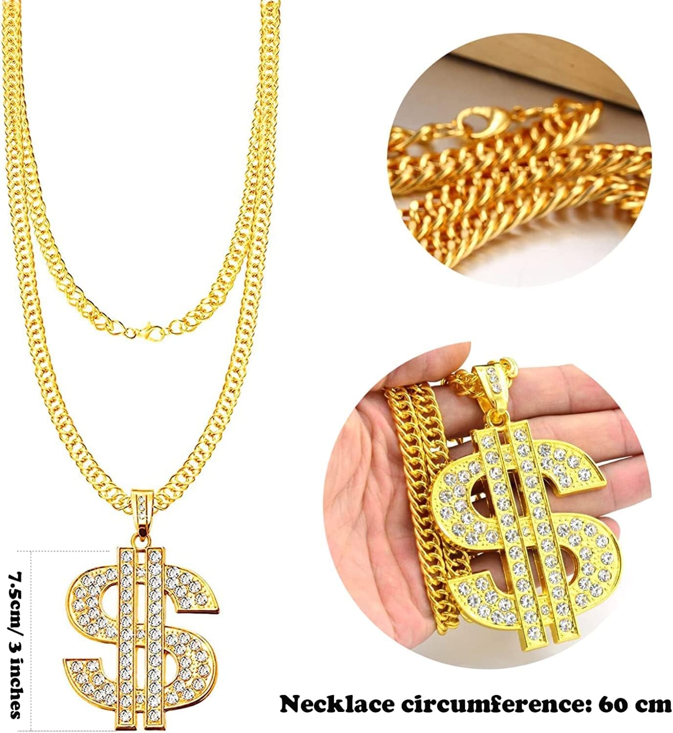 80S 90S Hip Hop Costume Accessories Kit Old School Rapper Outfit Gold Rope Chain Bracelet Necklace Dollar Sign Kanji Rings Gold Hoops Jewelry Set