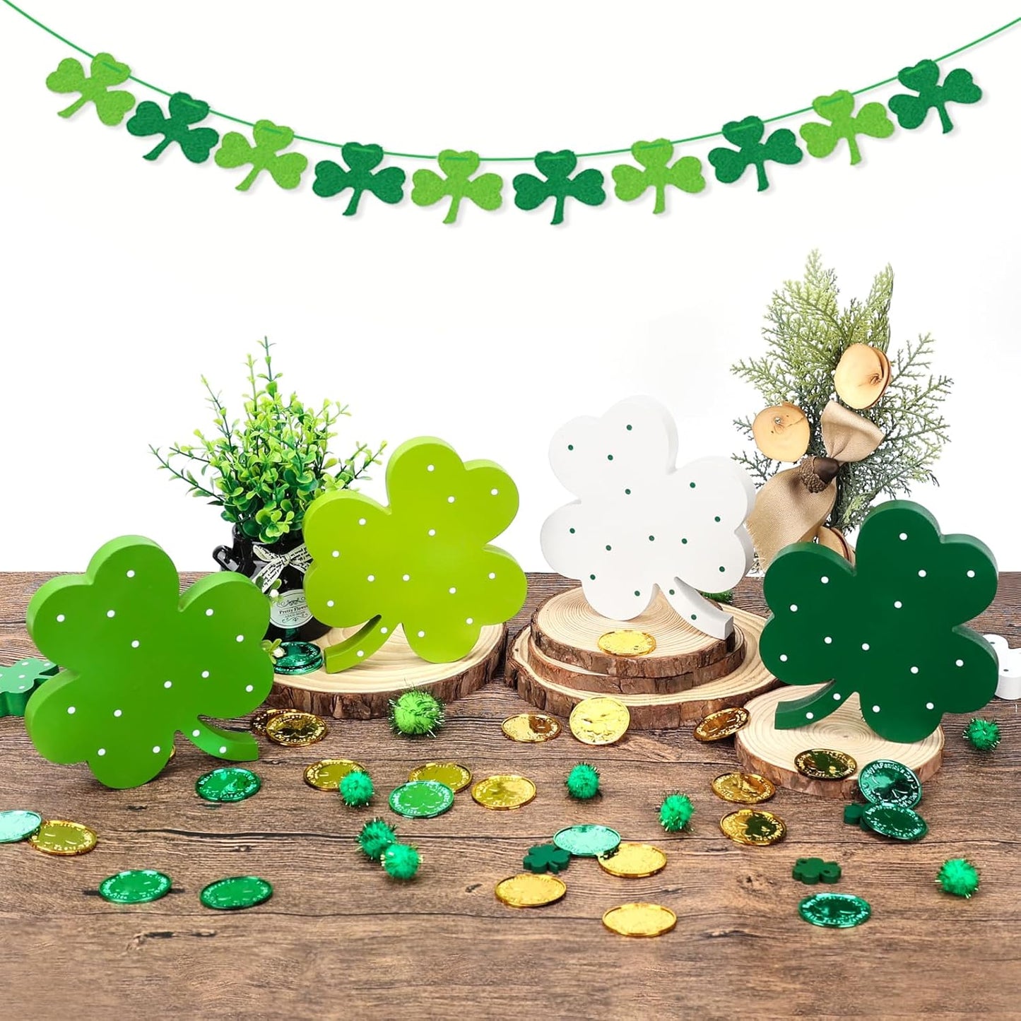 St Patricks Day Decor, Wooden Shamrock Decor for Table, Tiered Tray, Office Desk, Mantle Saint Patricks Day Decorations for the Home, 4 PCS Shamrock Decorations