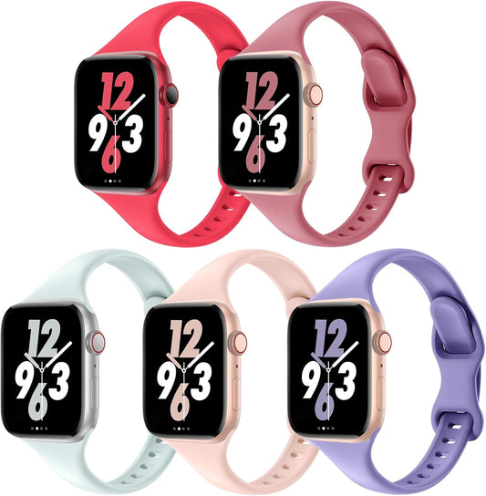 5 Pack Bands Compatible with Apple Watch 38Mm 40Mm 41Mm 42Mm 44Mm 45Mm 49Mm, Slim Thin Narrow Replacement Silicone Sport Strap Wristbands for Iwatch Series Ultra 8/7/6/5/4/3/2/1 SE Women Men