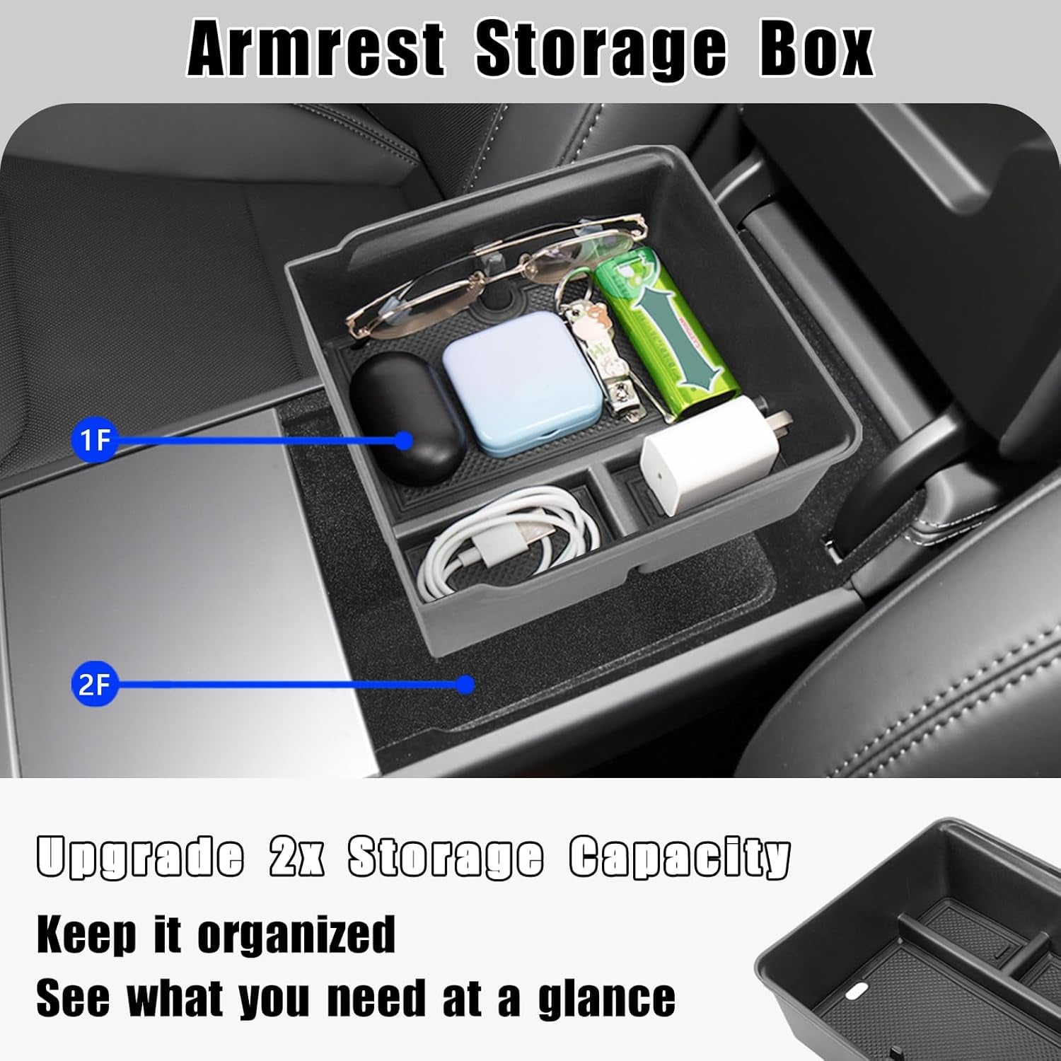 Center Console Organizer Compatible with 2024 Tesla Model 3 Highland Armrest Storage Box and Front Hidden Cubby Drawer Tray Interior Accessories (3PCS Center Console Tray)