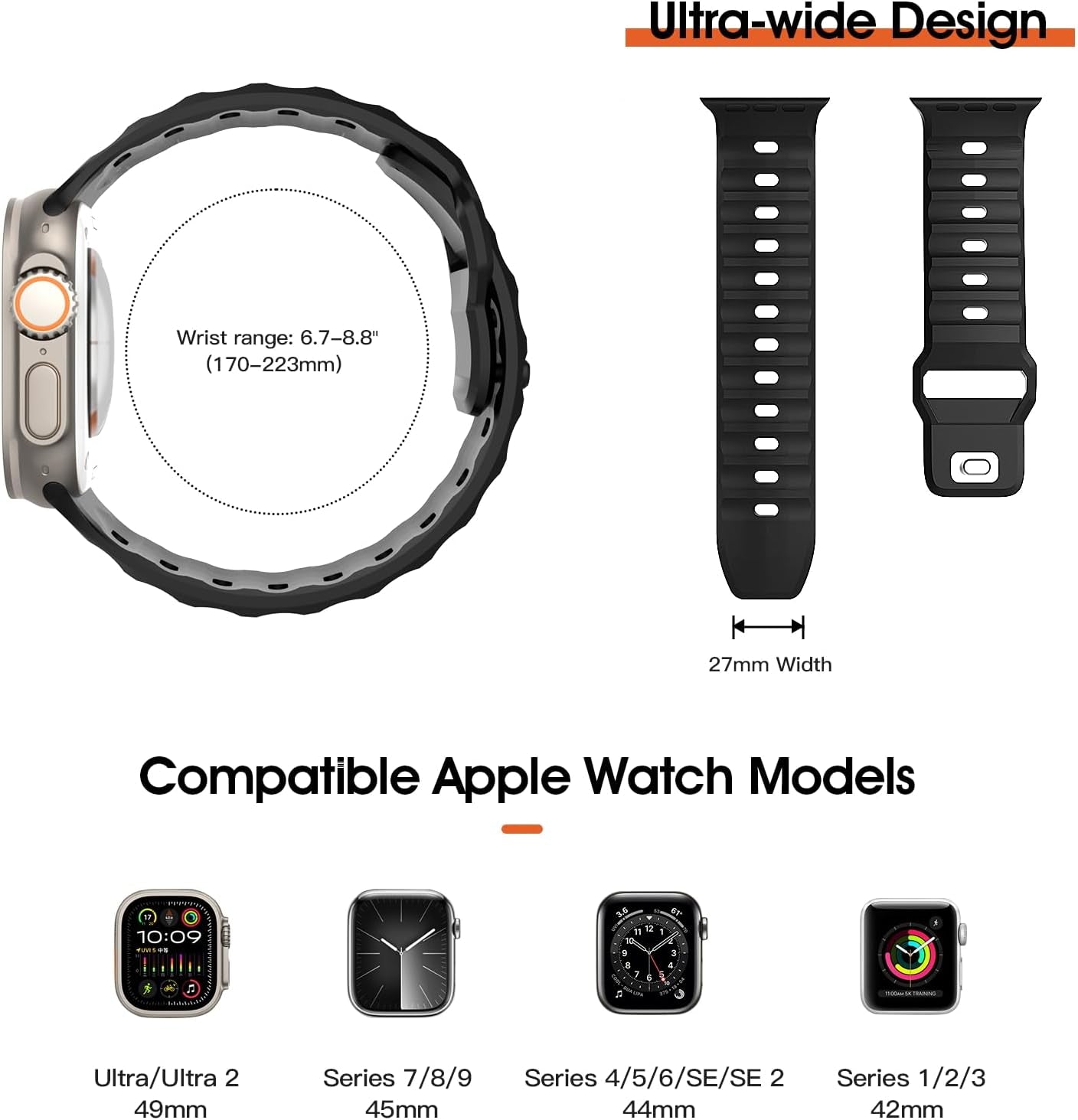Sport Band Compatible with Apple Watch 42/44/45/46/49Mm, 3Pcs Soft Silicone Replacement Watch Strap Fit Iwatch Ultra 2 Ultra SE Series 10 9 8 7 6 5 4 3 2 1, Large, Black/Midnight Blue/Orange