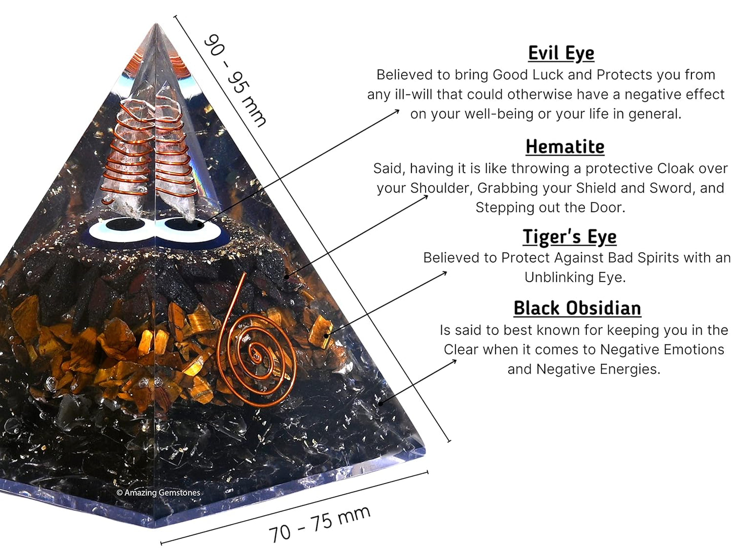 Organite Orgone Pyramid Extra Large 95 MM - Orgone Energy Pyramid with Evil Eye, Hematite, Tiger Eye, Black Obsidian Crystals and Healing Stone - Orgonite Pyramids Crystals and Positive Energy