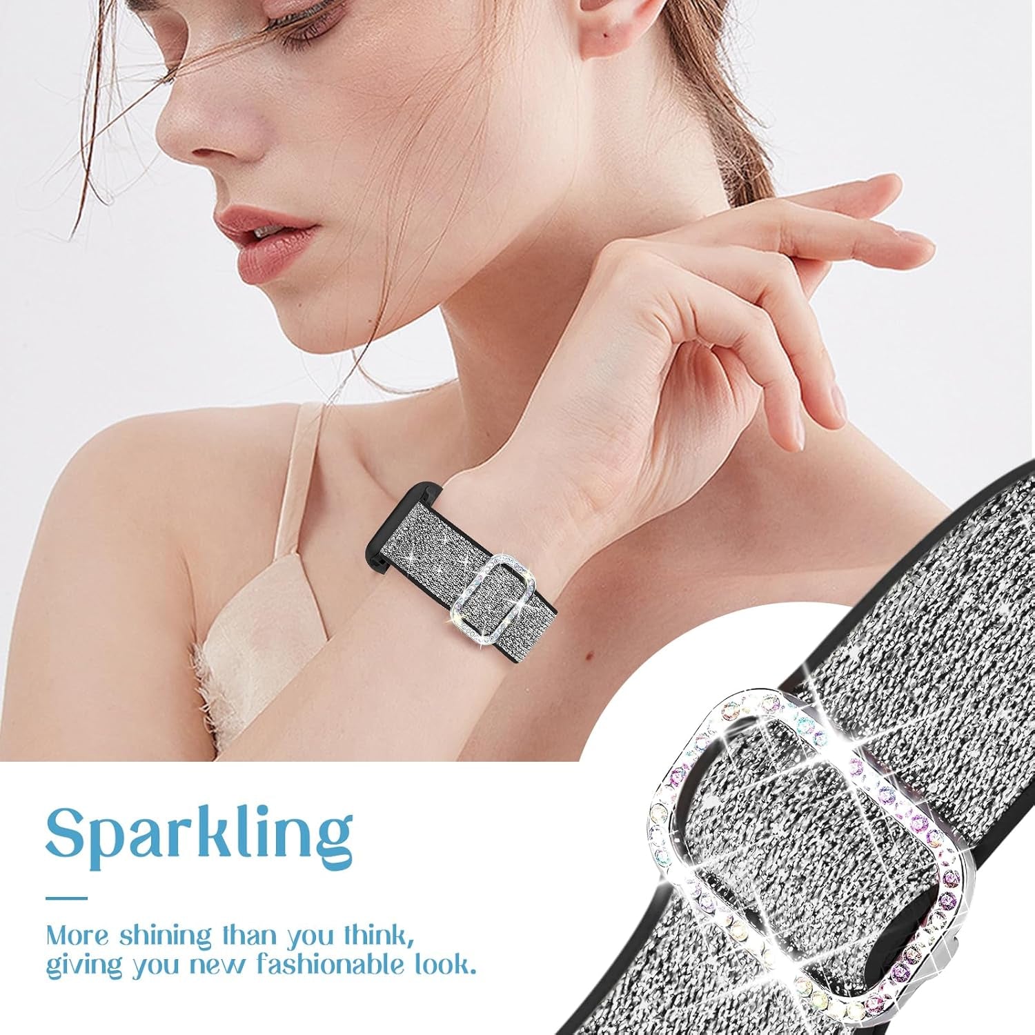 Bling Stretchy Nylon Band Beaded Bracelet Compatible with Apple Watch Band 40Mm 41Mm 38Mm 42Mm Women, Solo Loop Nylon Strap Stretchy Dressy Band for Iwatch Series 10/9/8/SE/7/6/5/4/3/2/1