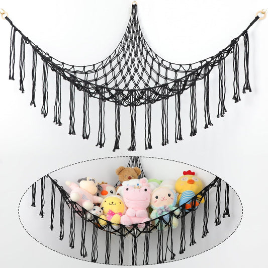 Boho Stuffed Animals Net or Hammock Large,55 Inch Toy Hammock Macrame Stuff Animal Storage Corner Hanging Net Holder,Mesh Hammock Plush Toy Organizer with Hooks for Bedroom,Nursery (Black)
