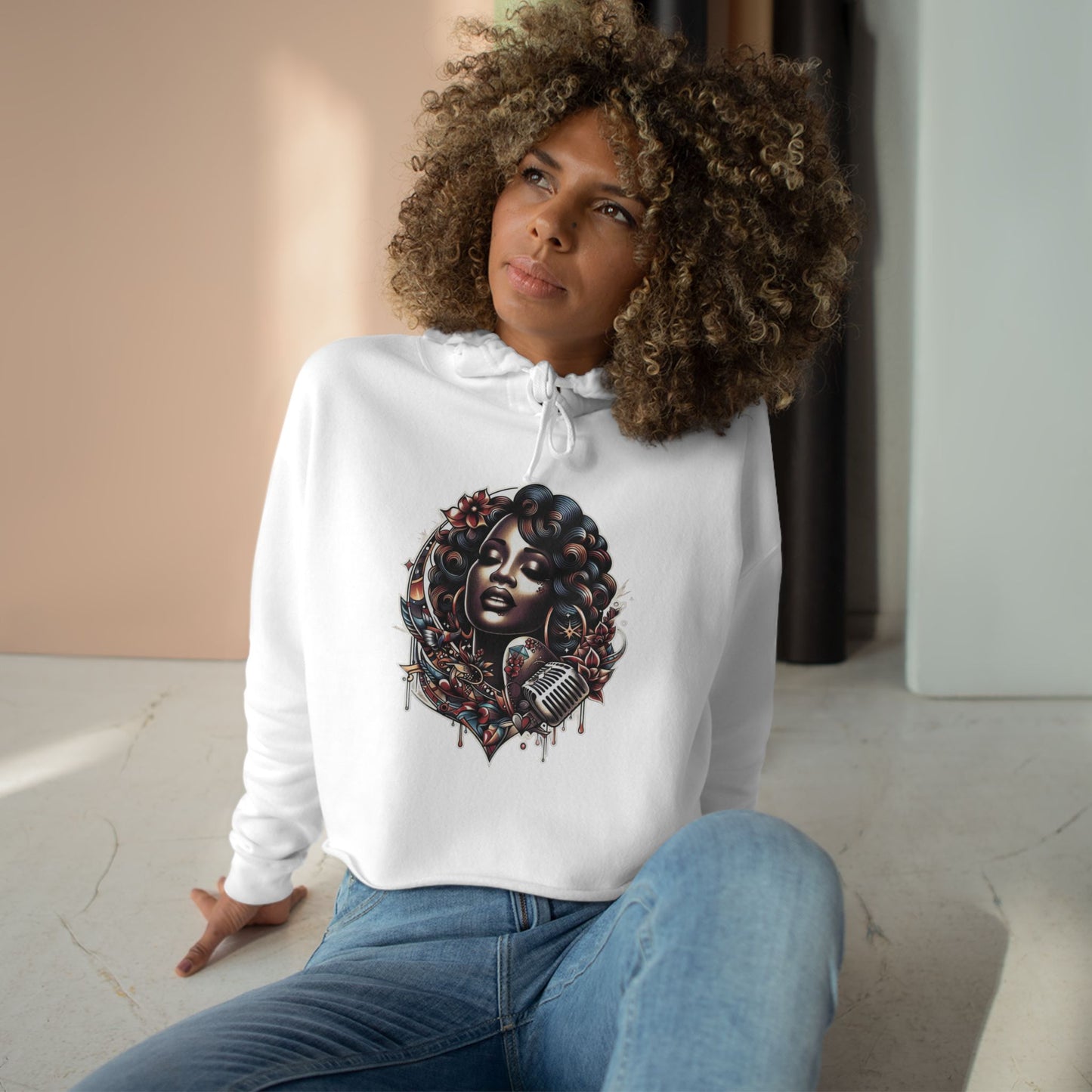 Angie Stone inspired Feminine Vibe Crop Hoodie with Microphone Design