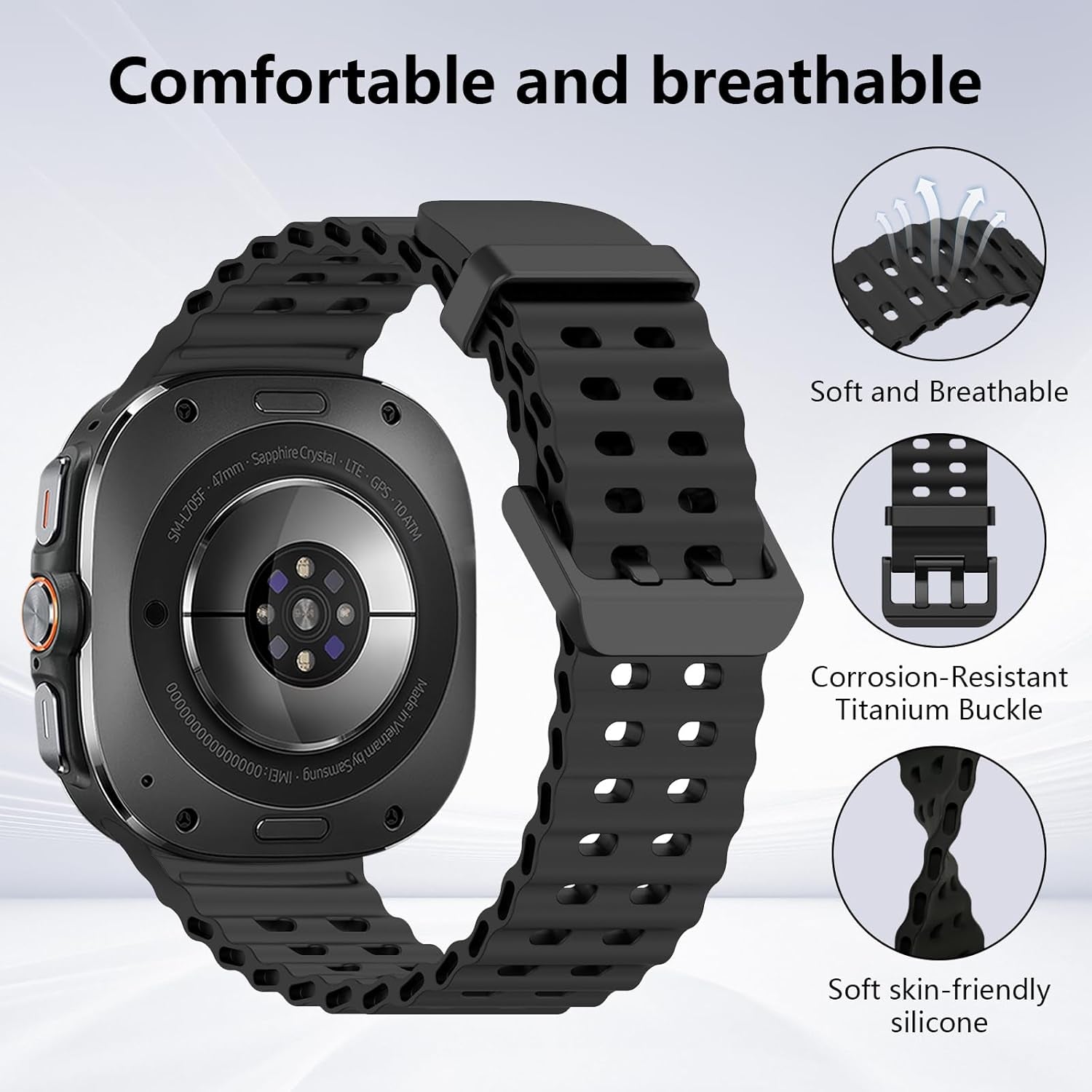 Sport Silicone Bands Compatible for Samsung Galaxy Watch Ultra 47Mm (2024), Breathable Wristband Waterproof Replacement Soft Silicone Strap for Women Men