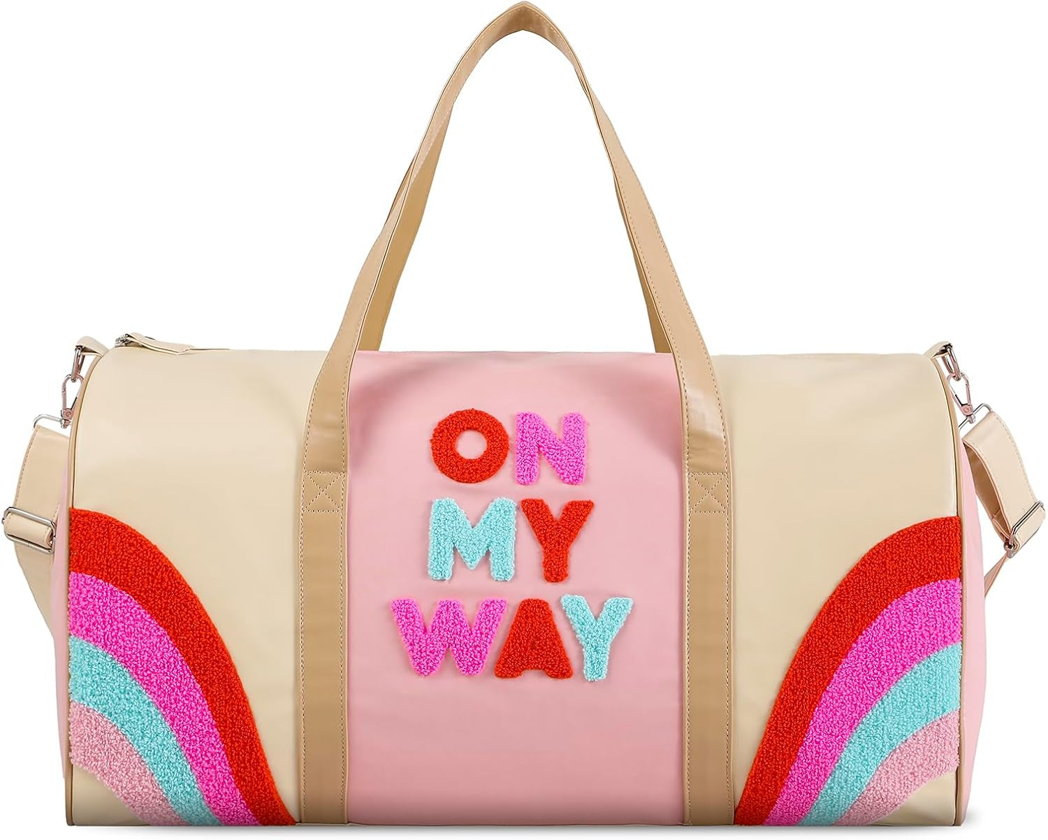 Chenille Letter Travel Duffle Bag Large PU Leather Weekender Overnight Bag for Women Carry on Bags Travel Tote（Weekender）