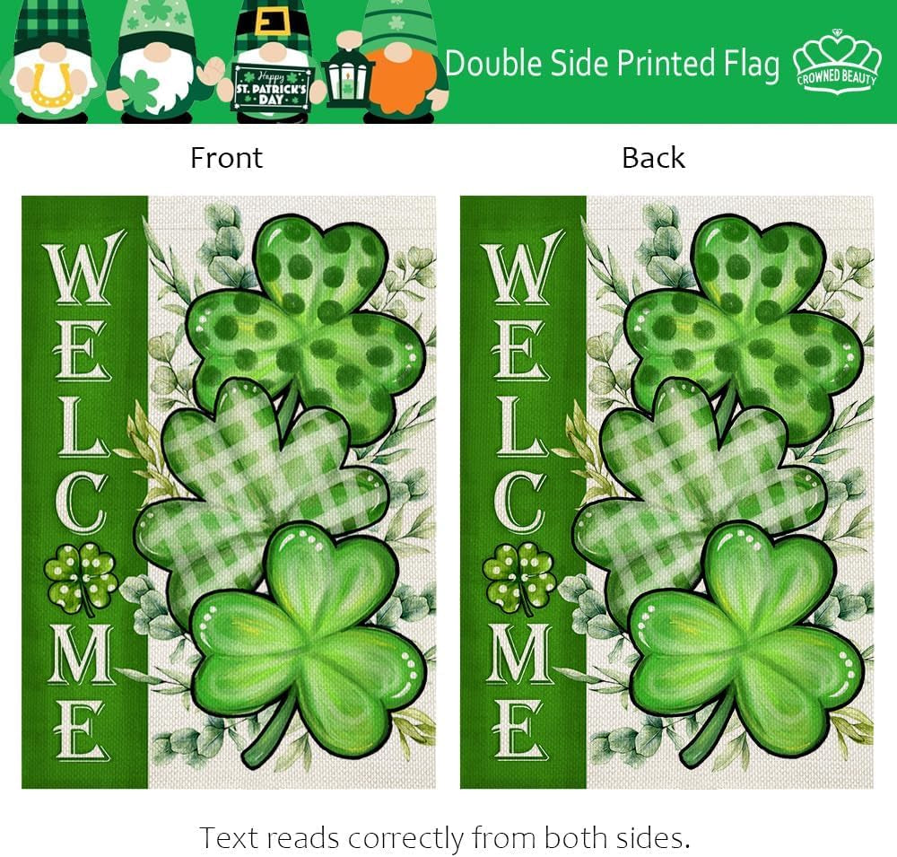 St Patricks Day Shamrocks Garden Flag 12X18 Inch Double Sided for outside Small Welcome Green Clovers Burlap Holiday Yard Flag