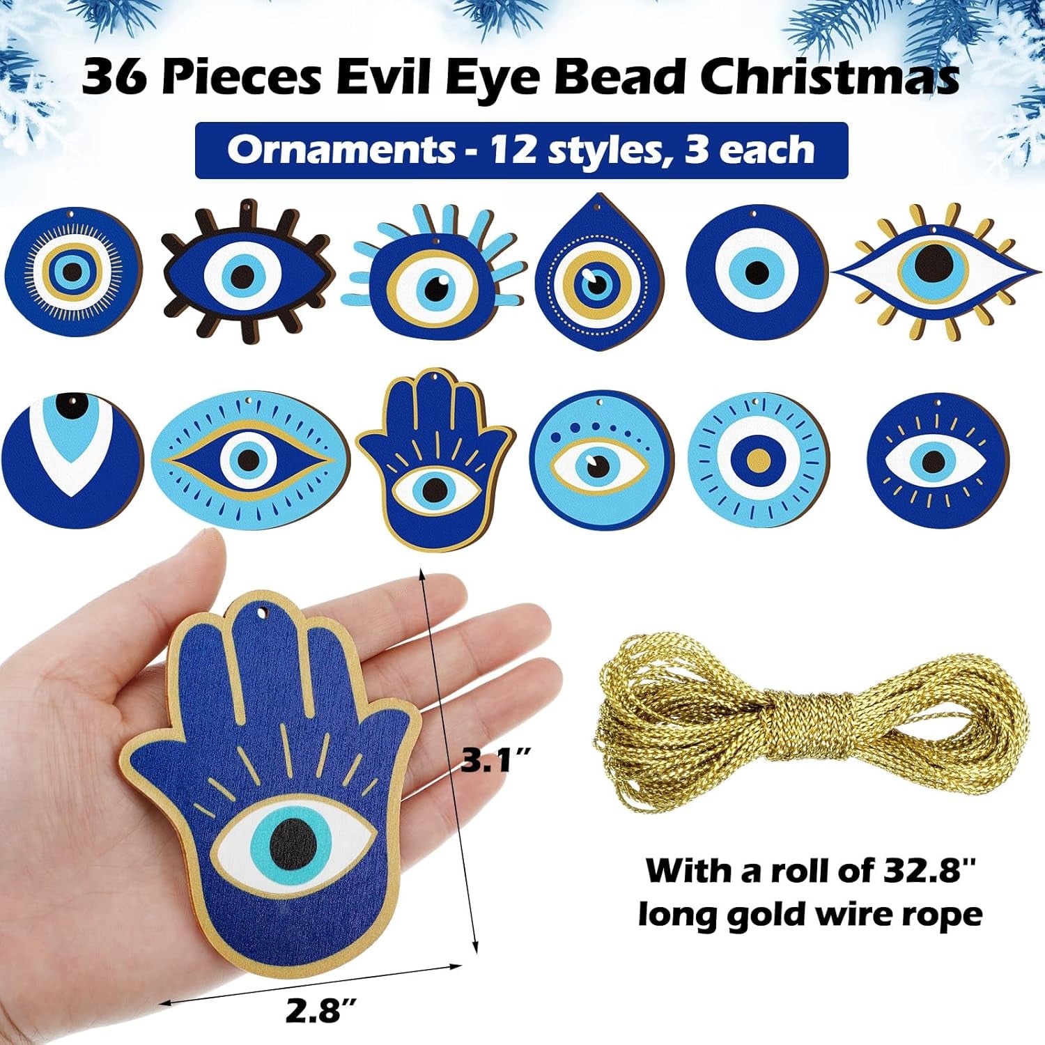 36 Pieces Evil Eye Ornaments for Christmas Tree Wooden Evil Eye Hanging Ornaments Decorations for Christmas Holiday Decor