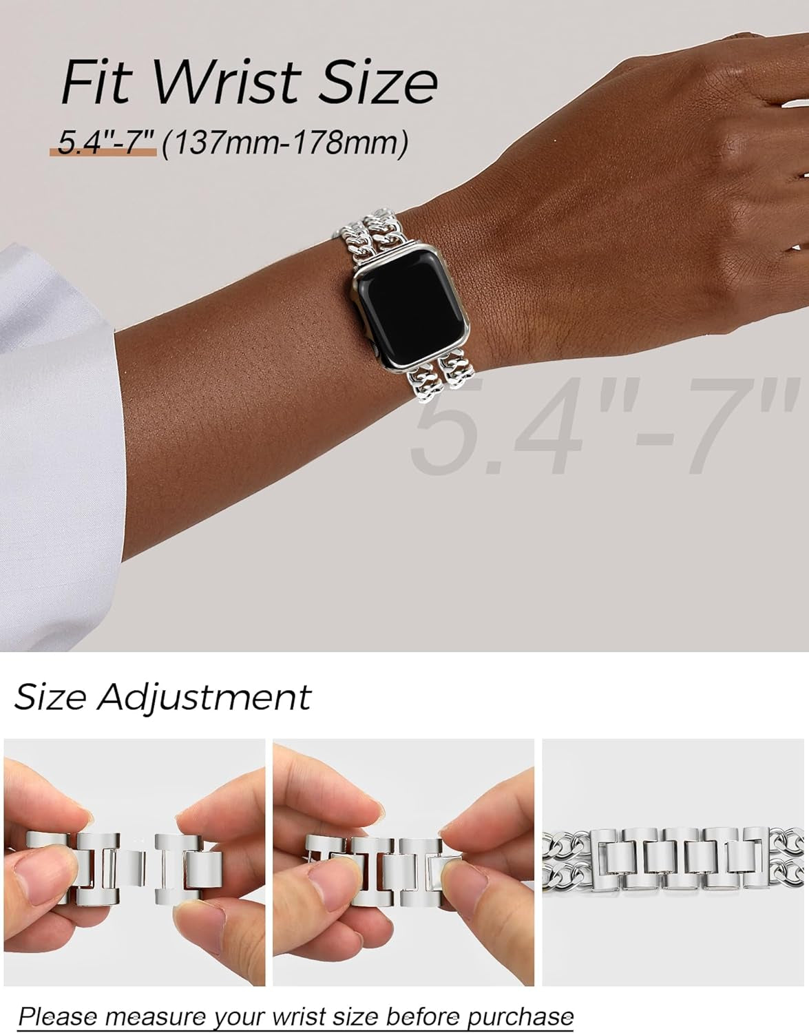 Silver Watch Bands for Women Compatible with Apple Watch Band 38Mm 40Mm 41Mm Adjustable Metal Band Cowboy Steel Chain Bracelet for Iwatch Series 9/8/7/6/5/4/3/2/1/Se/Ultra (No Case)