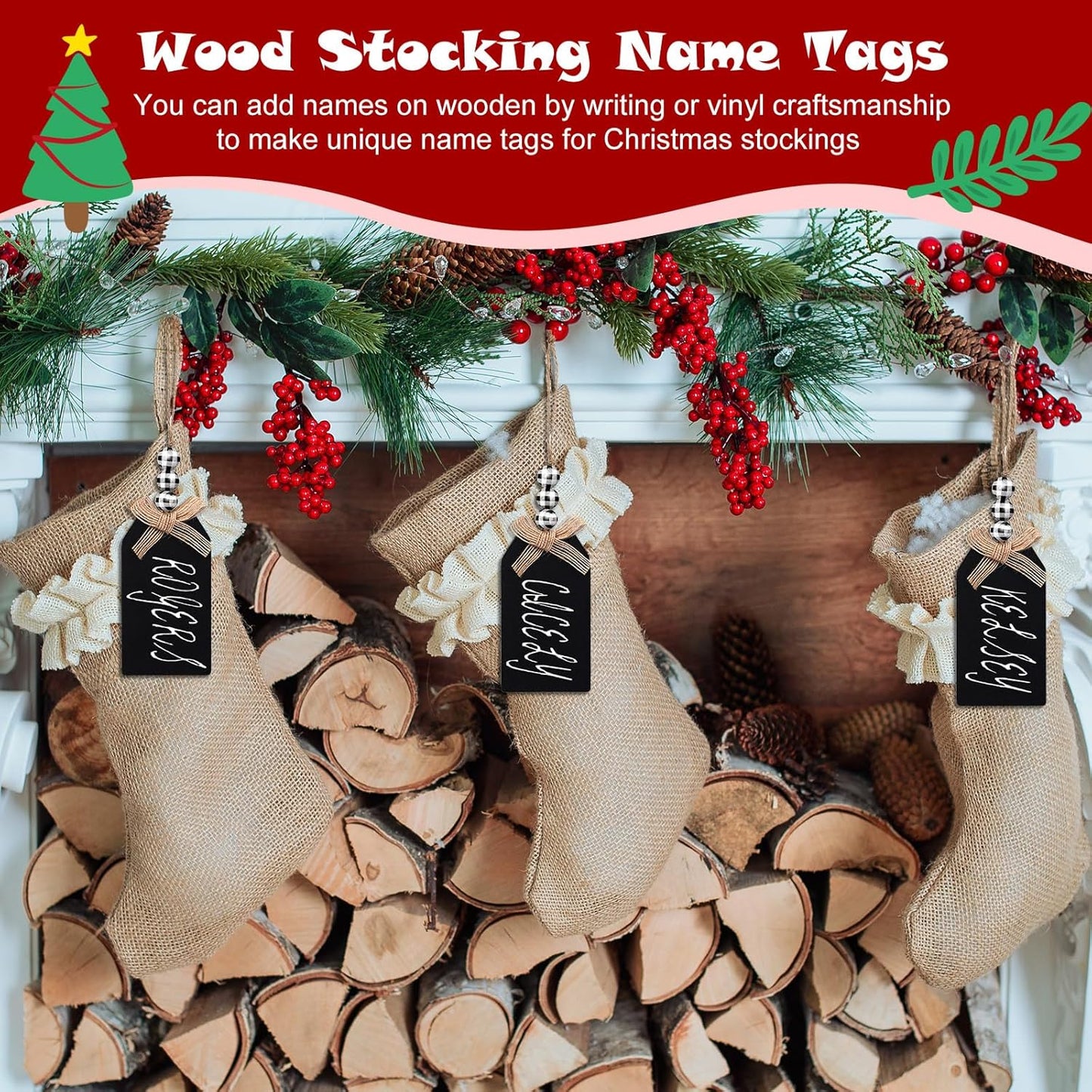 12 Set Christmas Stocking Name Tags Farmhouse Christmas Ornaments Hanging DIY Unfinished Personalized Blank Bead Wooden Xmas Gift Tags for Christmas Decorations(4.5 X 2.6'',Black and White)