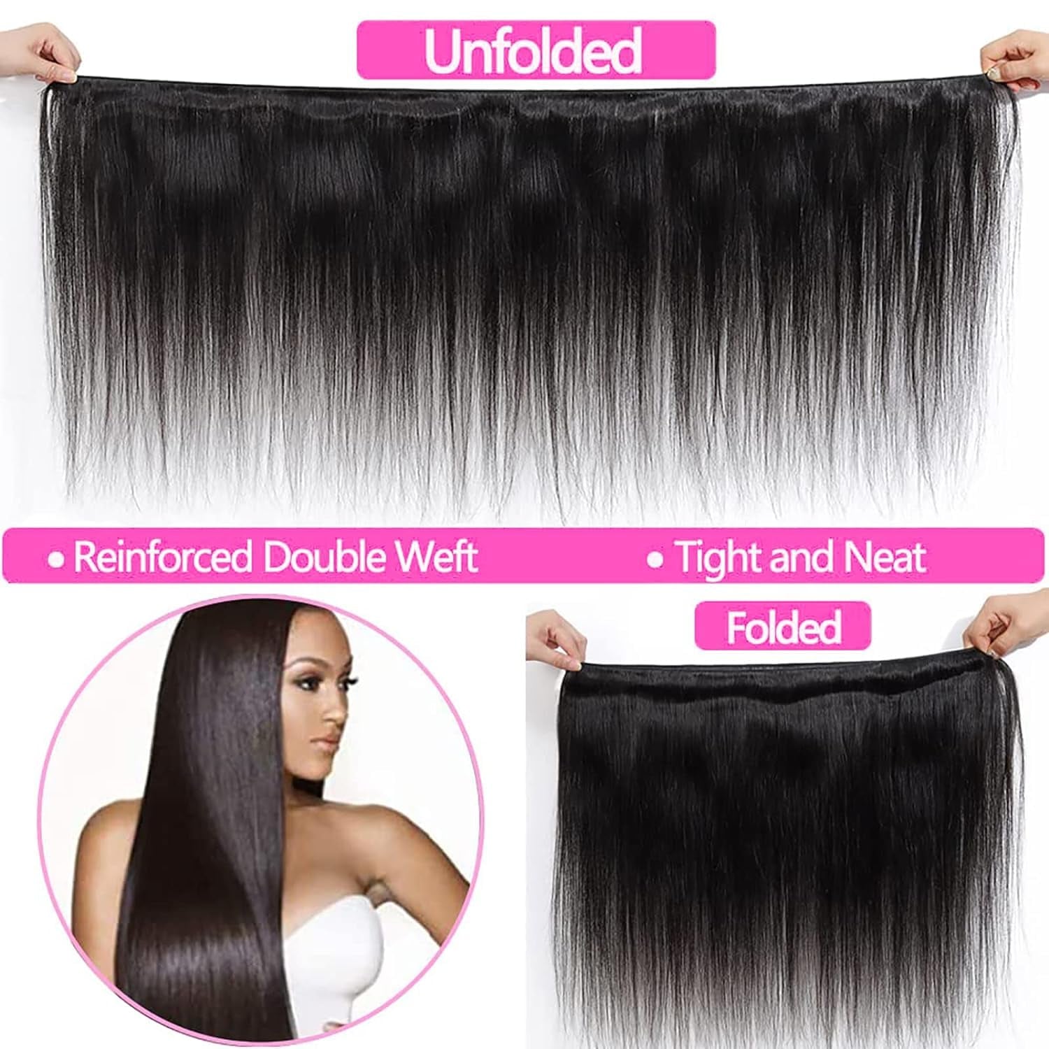 10A Straight Human Hair Bundles (14 16 18 Inch) 100% Unprocessed Brazilian Virgin Weave Bundles Human Hair Extensions Natural Color Double Weft No Split Softness Bundles Full and Thick