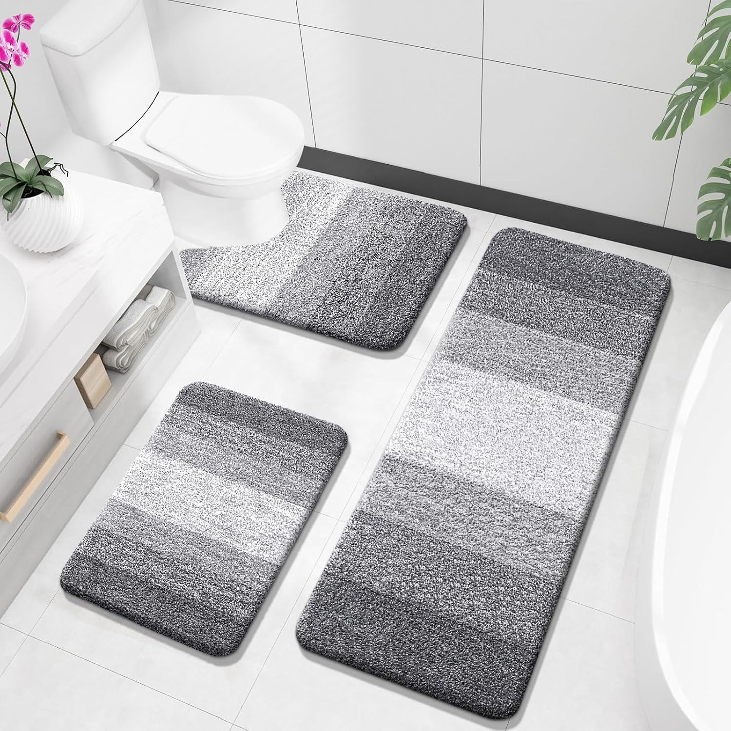 Bathroom Rugs Sets 3 Piece, Soft Absorbent Microfiber Bath Rugs and U-Shaped Contour Toilet Rug Area Rug Set, Non-Slip Bath Carpet, Home Decor Accessories, Bath Mat Set for Bathroom, Black