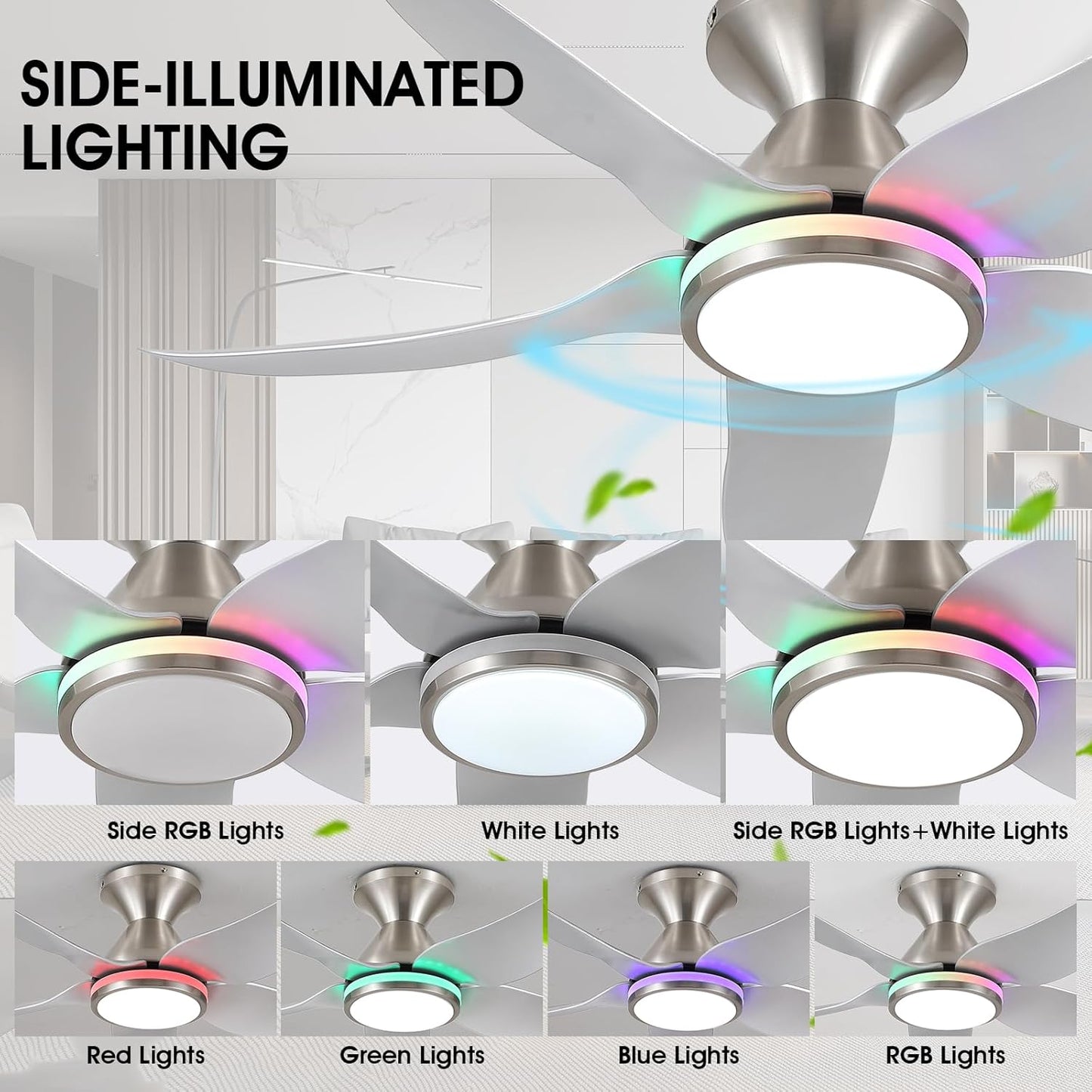 Ceiling Fans with Lights Remote/App Control, 38" Low Profile Ceiling Fans with Dimmable White Colors+Rgb Ring Lights, 6 Speeds 5 Reversible Blades for Kids Room Bedroom Living Room, Nickel