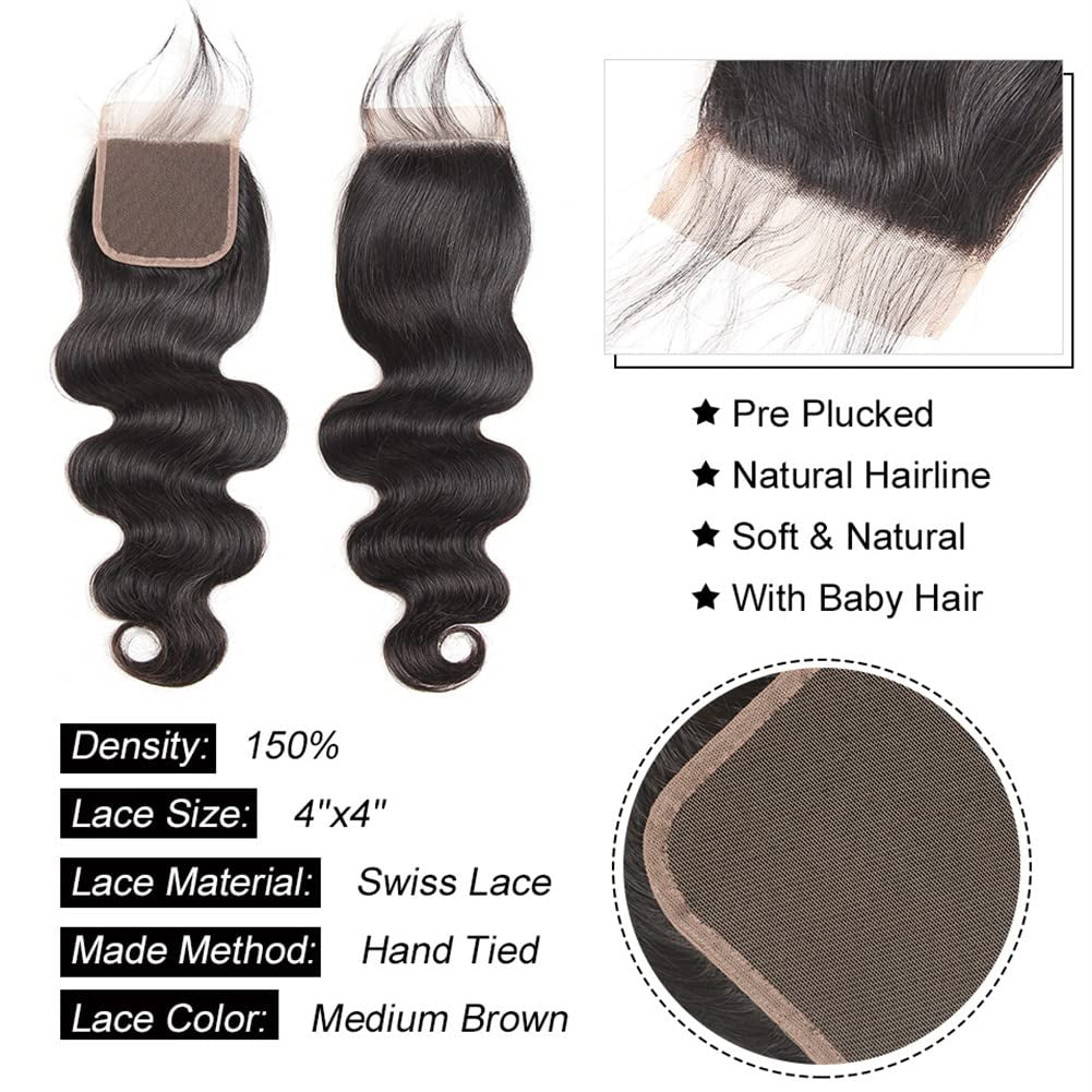 Human Hair Bundles with Closure (22 24 26+20，Free Part) Body Wave Bundles with Lace Closure Brazilian Human Hair Weave Bundles with Closure Virgin Hair Weft 150% Density Natural Color