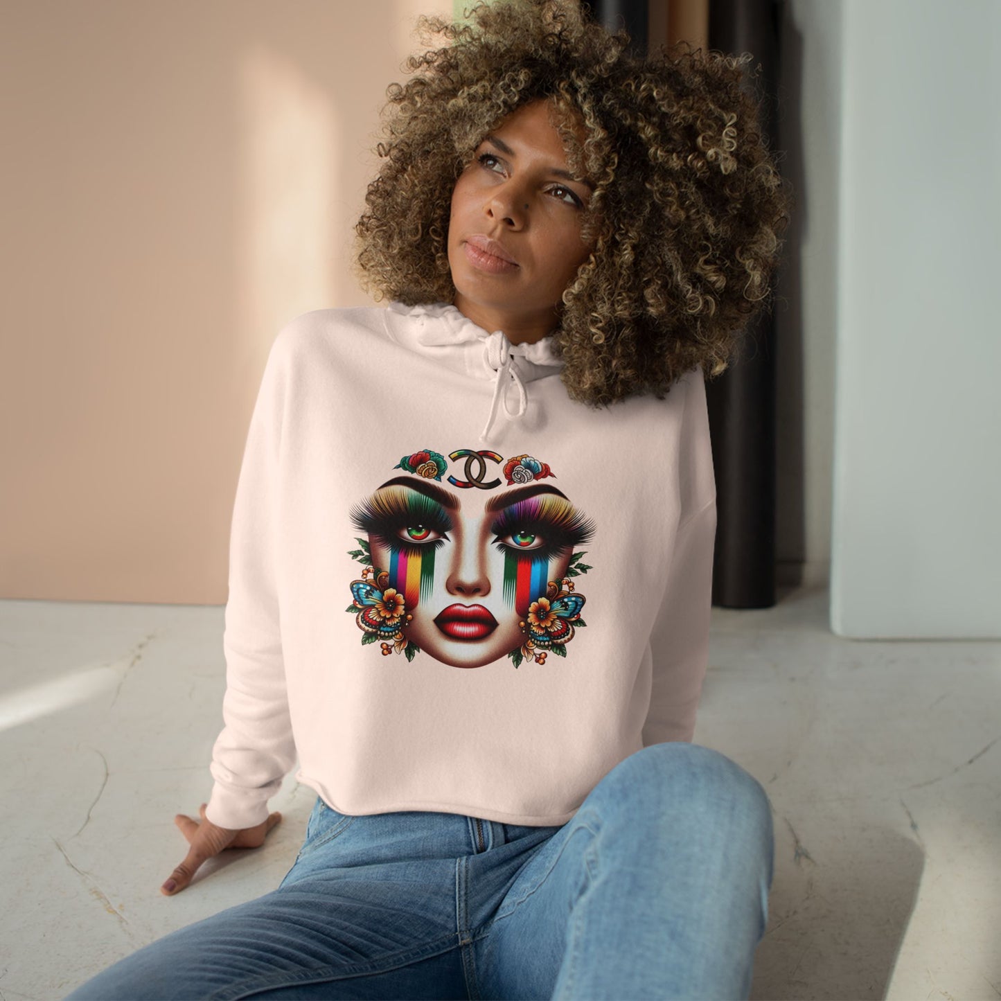 GUCCI Inspired Colorful Floral Face Crop Hoodie - Trendy Streetwear for Self-Expression