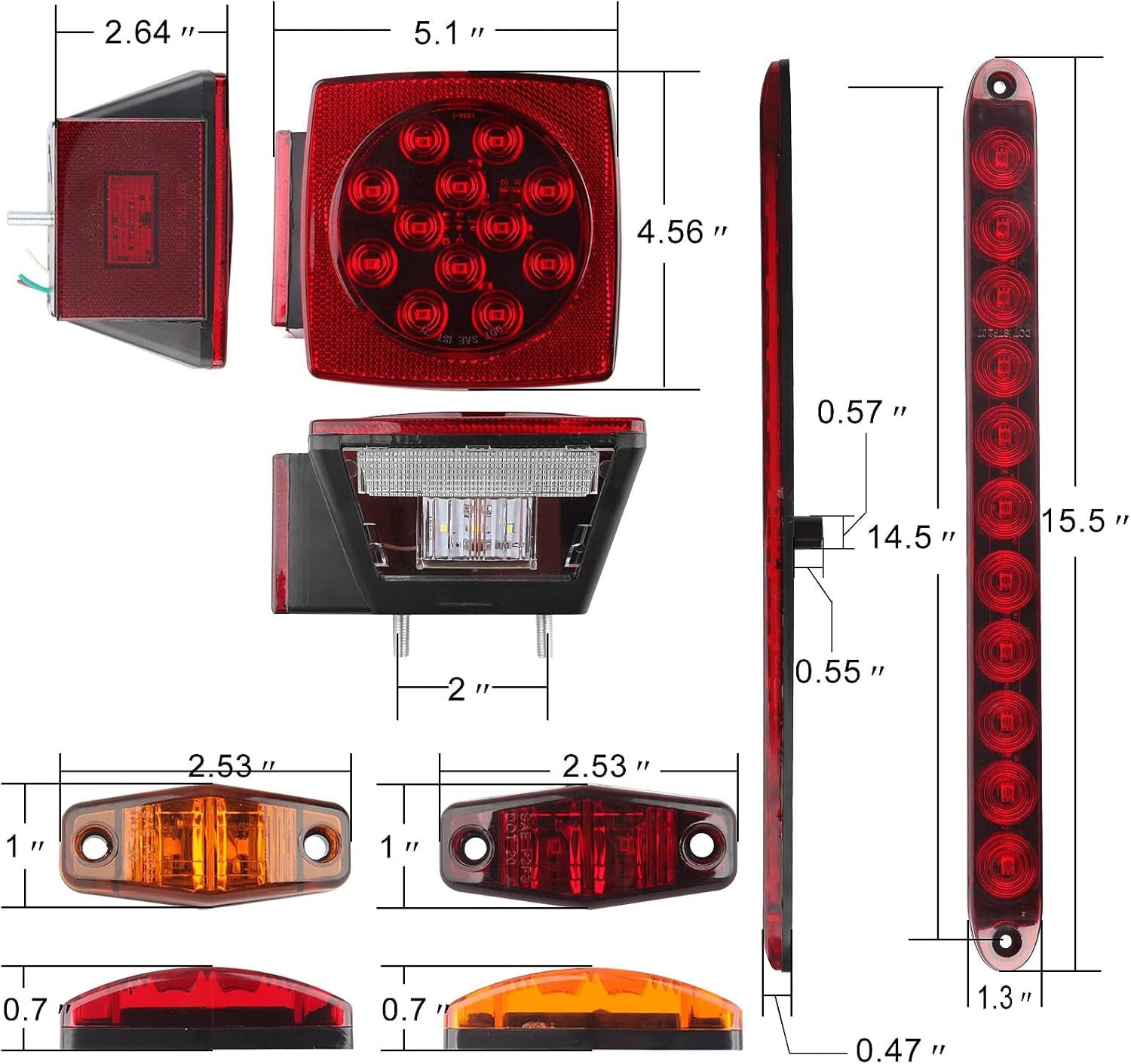 12V Trailer Led Light Kit, 2X Square Led Stop Turn Tail Brake License Plate Running Lights W/ 25Ft Wiring Harness/6X Mini Marker Lights/15" 11LED Trailer Tail Brake Light Bar/License Plate Bracket