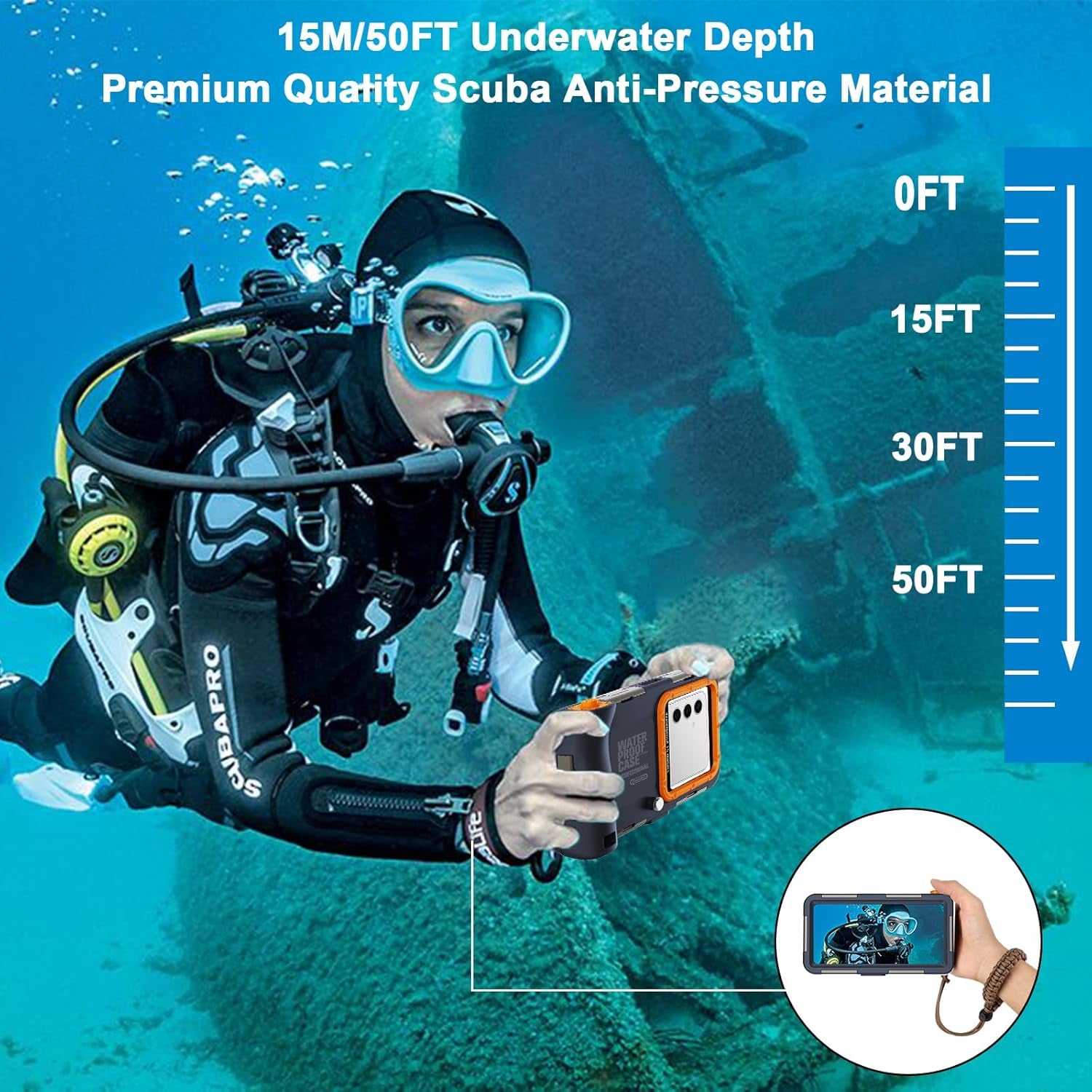 Waterproof Case[50Ft/15M],Phone Size4.7-4.9Inch(Volume Button on Right), Universal Professional Diving Case for Samsung Galaxy S25/S24/S23/Ultra/Huawei/Xiaomi Android Series, Blue-Orange