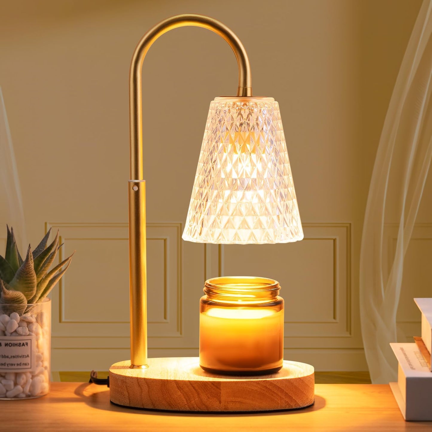 Candle Warmer Lamp - Dimmable Wax Melt Warmer with Amber Lampshade and 2 Bulbs for House Warming, Bedroom Decor