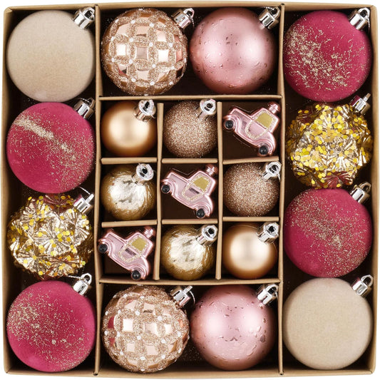 Decorbyhannah Christmas Ornaments Decorations,21Ct Pink Gold Christmas Tree Ornaments Set,Shatterproof Valentines Day Decorations Hanging Velvet Ball Ornament for Christmas Tree,Xmas Ornaments Decor