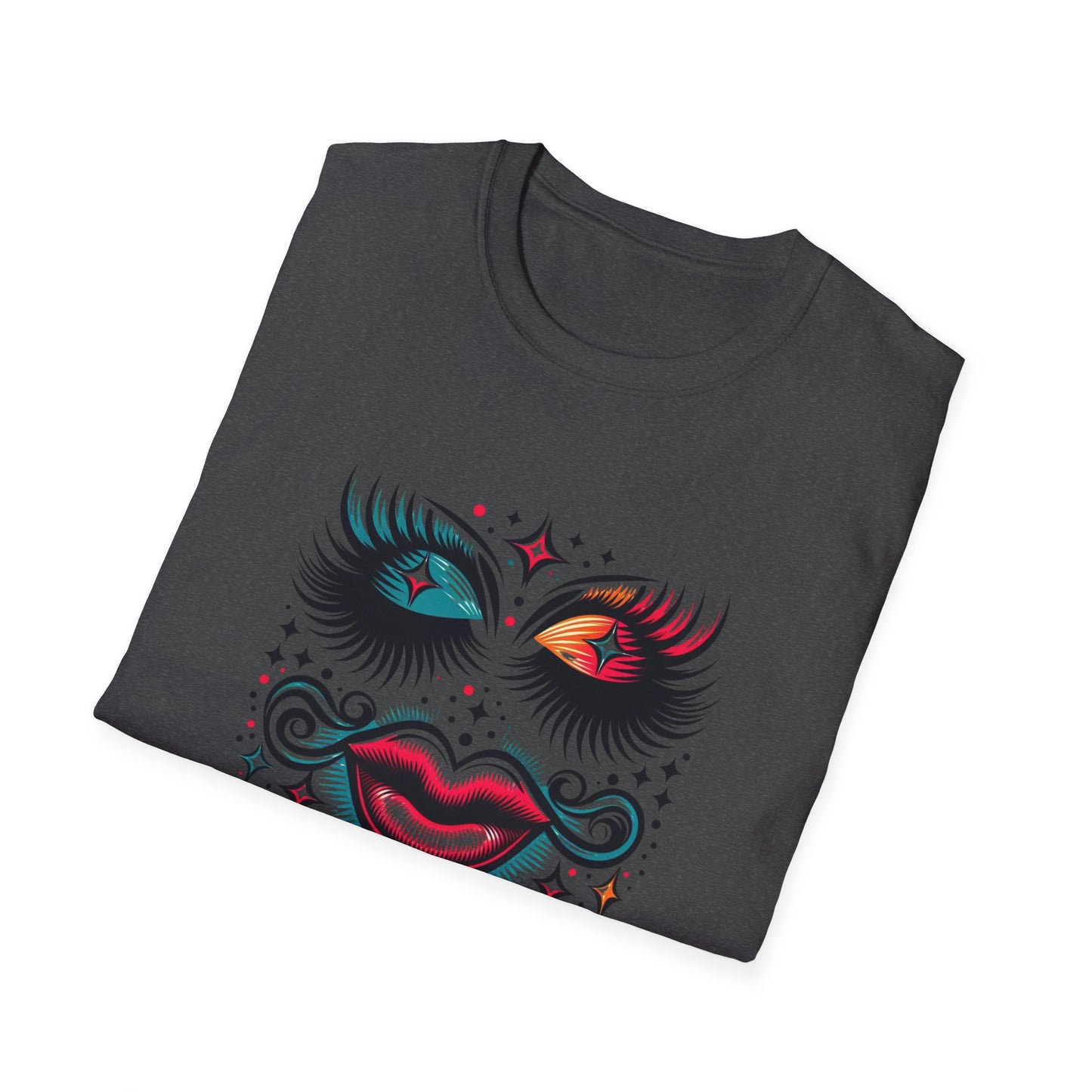 LASHES Vibrant Face Graphic T-Shirt - Unisex Softstyle Tee for Festivals & Celebrations