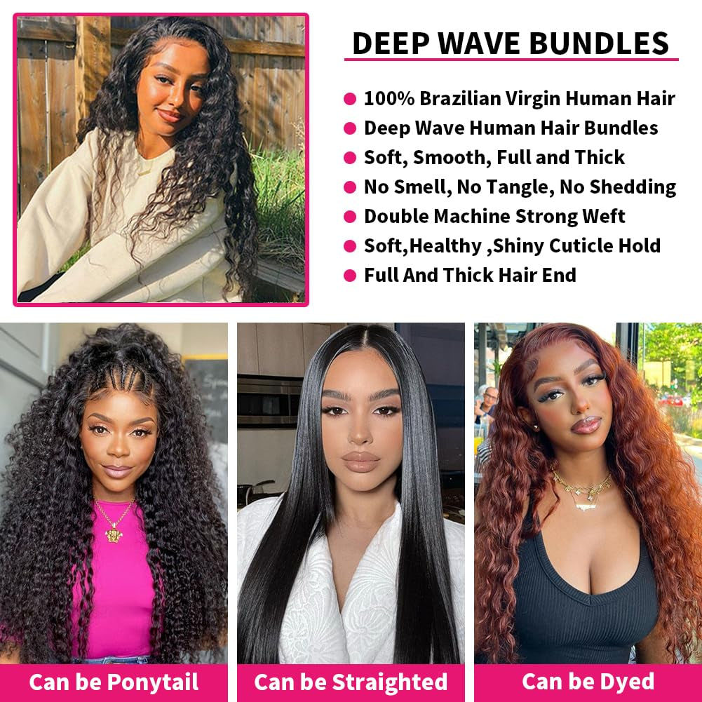 Deep Wave Human Hair Bundles 18 20 22 Inch 12A Brazilian Deep Wave Bundles Human Hair 100% Unprocessed Virgin Deep Curly Human Hair Weave 3 Bundles Natural Color Water Wave Bundles
