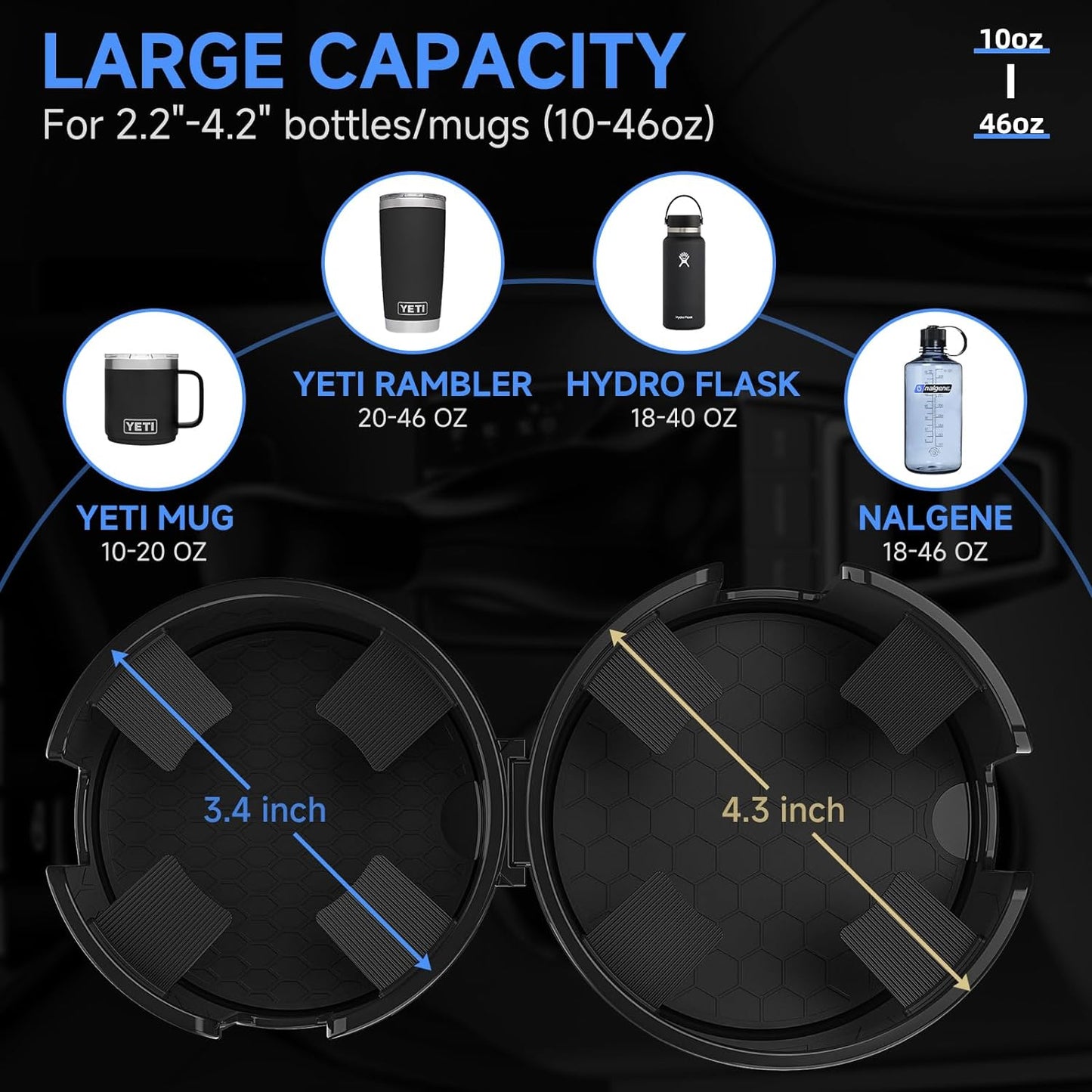 Car Cup Holder Expander, 2 in 1 Cup Holder Adapter Extender for Car with Expandable Base, Cup Holder Insert Fits Yeti, Hydroflask and Other Large Water Bottles & Mugs in 2.2"-4.6" (10-46Oz)