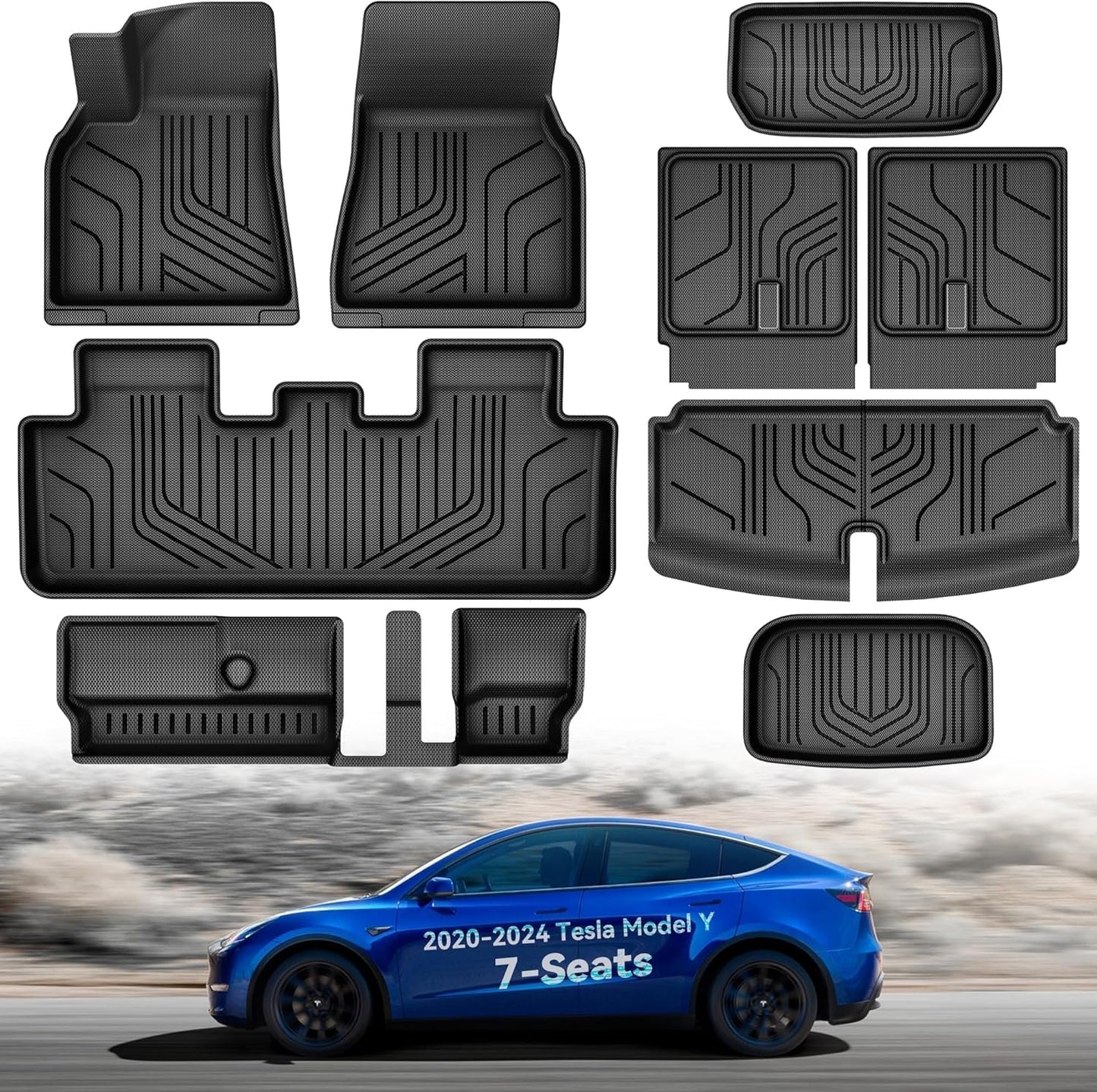 9PCS Tesla Model Y Floor Mats 7 Seater 2024 2023-2021 Cargo Mats Full Sets All-Weather Floor Mats for Model Y 2024 Accessories ,3D Anti-Slip Rear Trunk Mat Cargo Liners Interior