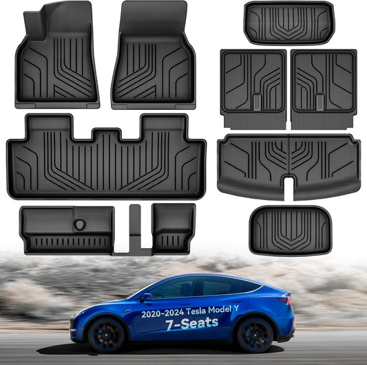 9PCS Tesla Model Y Floor Mats 7 Seater 2024 2023-2021 Cargo Mats Full Sets All-Weather Floor Mats for Model Y 2024 Accessories ,3D Anti-Slip Rear Trunk Mat Cargo Liners Interior