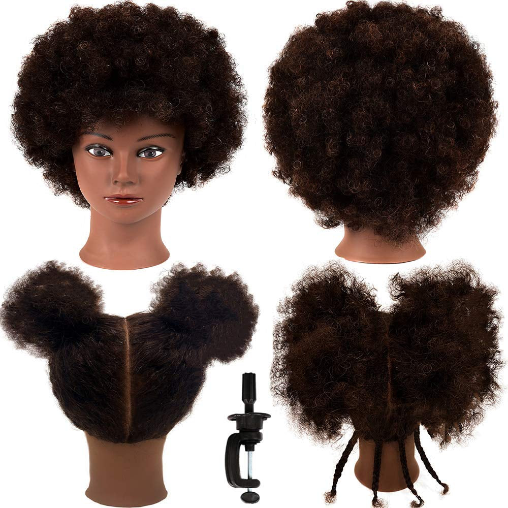 Afro Curly Mannequin Head with 100% Human Hair Curly Hair Hairdresser Hair Styling Cosmetology Manikin Head Doll Head for Hairdresser Practice Styling Dye Braiding with Clamp Stand
