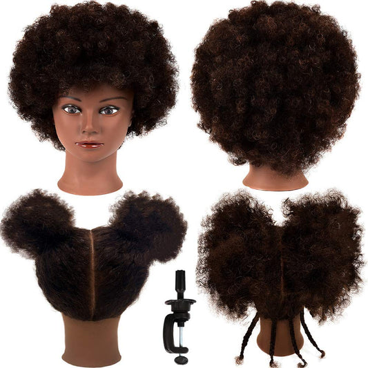 Afro Curly Mannequin Head with 100% Human Hair Curly Hair Hairdresser Hair Styling Cosmetology Manikin Head Doll Head for Hairdresser Practice Styling Dye Braiding with Clamp Stand