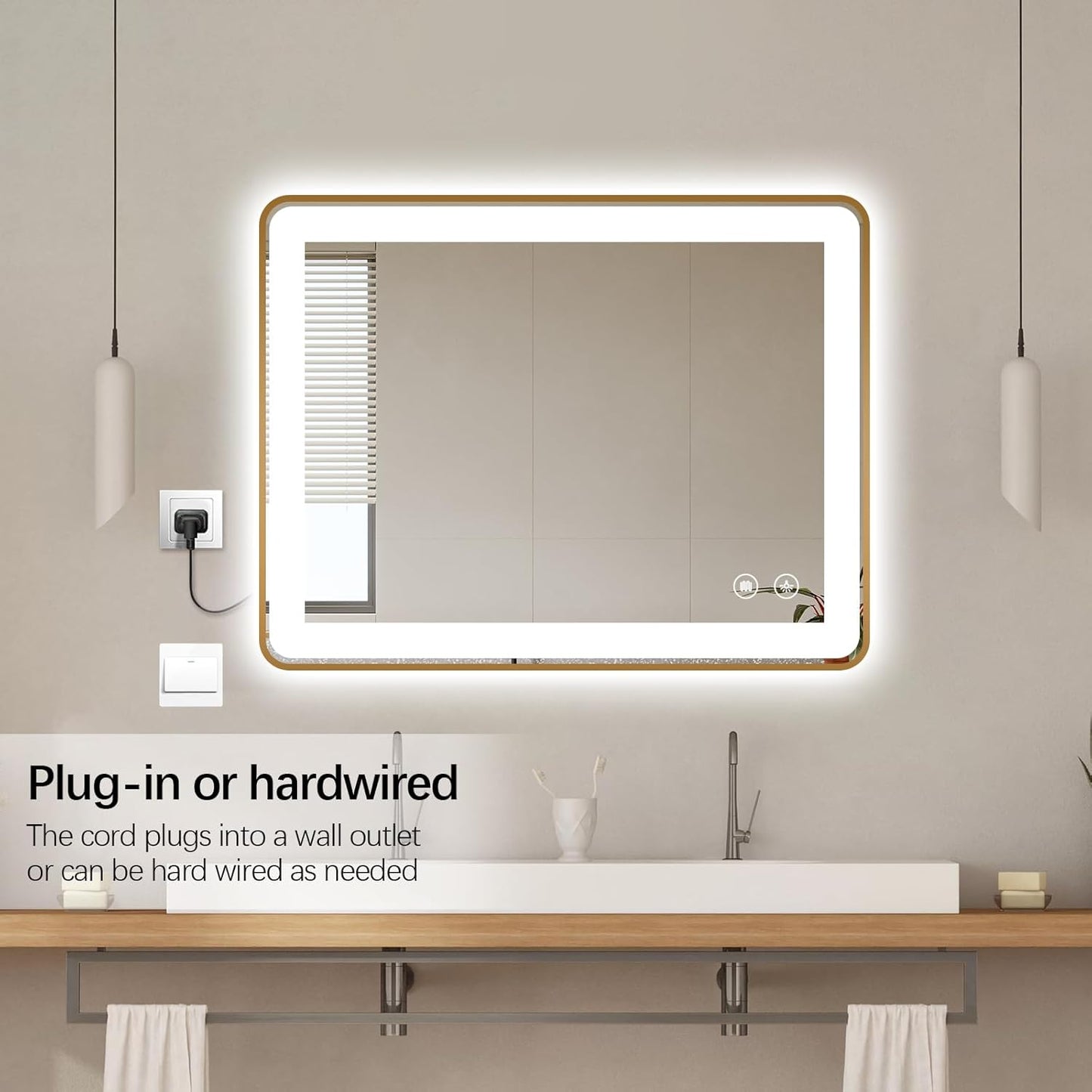 LED Bathroom Mirror, 36"X28" Rectangle Wall Mounted Vanity Mirrors with Metal Frame, anti Fog Dimmable Smart Mirror for Bathroom/Bedroom/Livingroom/Entryway, (Horizontal or Vertical),Gold
