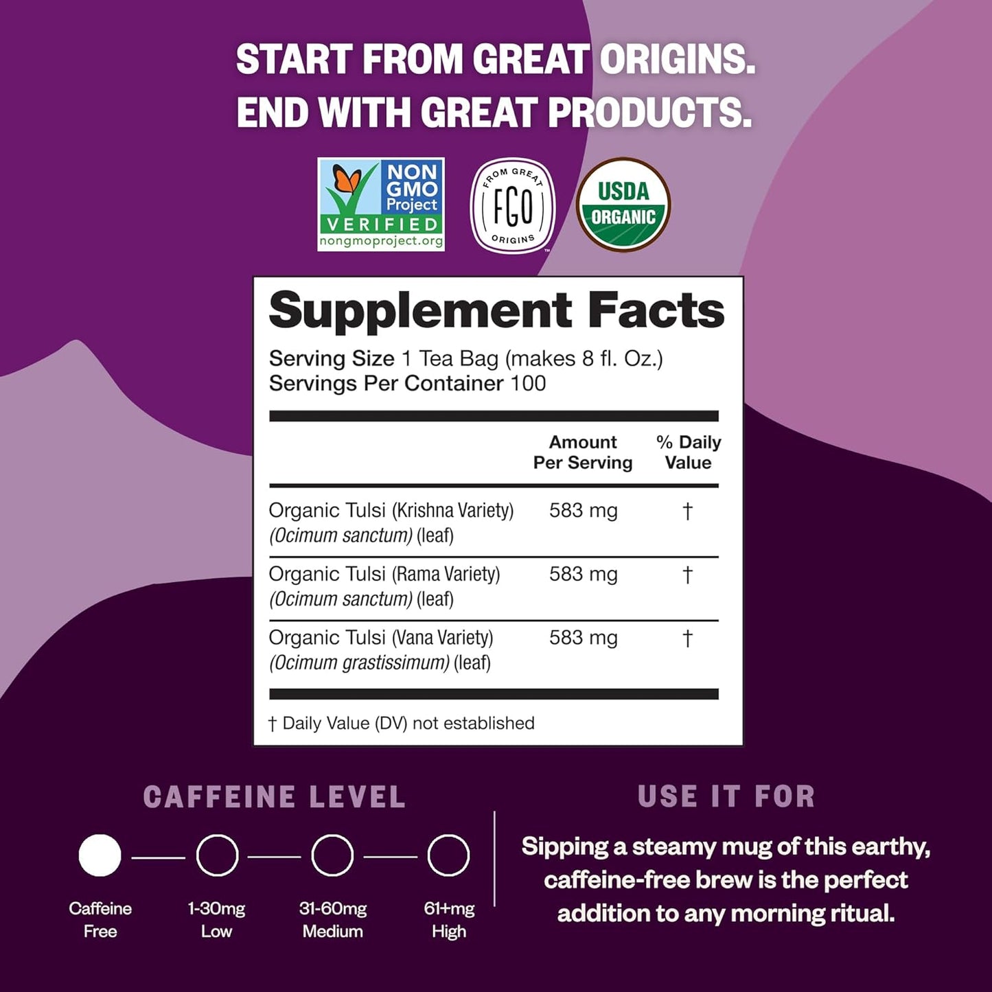 Organic Tulsi Holy Basil Tea, 100 Count, Eco-Conscious Herbal Tea Bags, Resealable Bag, Caffeine Free, Packaging May Vary (Pack of 1) TLBH