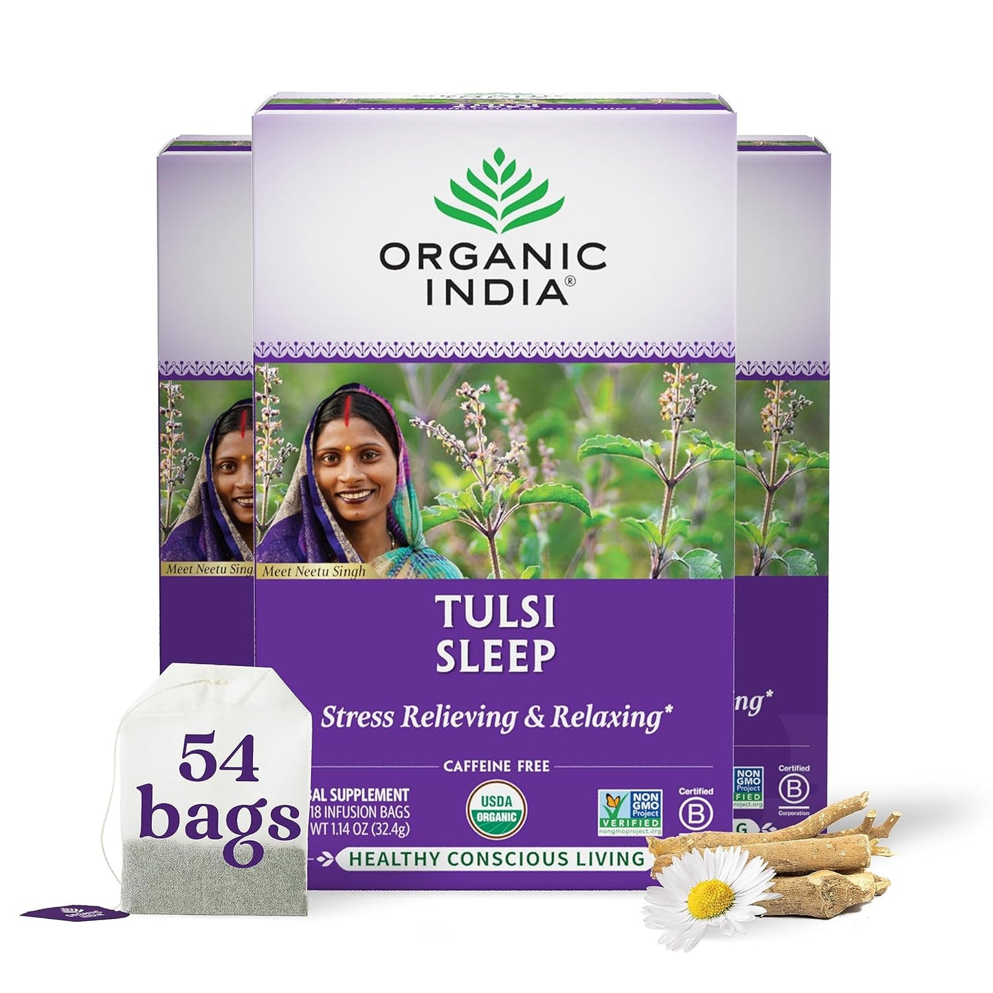 Calming Tulsi Ashwagandha Herbal Tea - Holy Basil Tea with Ashwagandha Root, Supports Restful Sleep - Adaptogen, Vegan, USDA Certified Organic, Non-Gmo - 18 Infusion Bags, 3 Pack TLBH