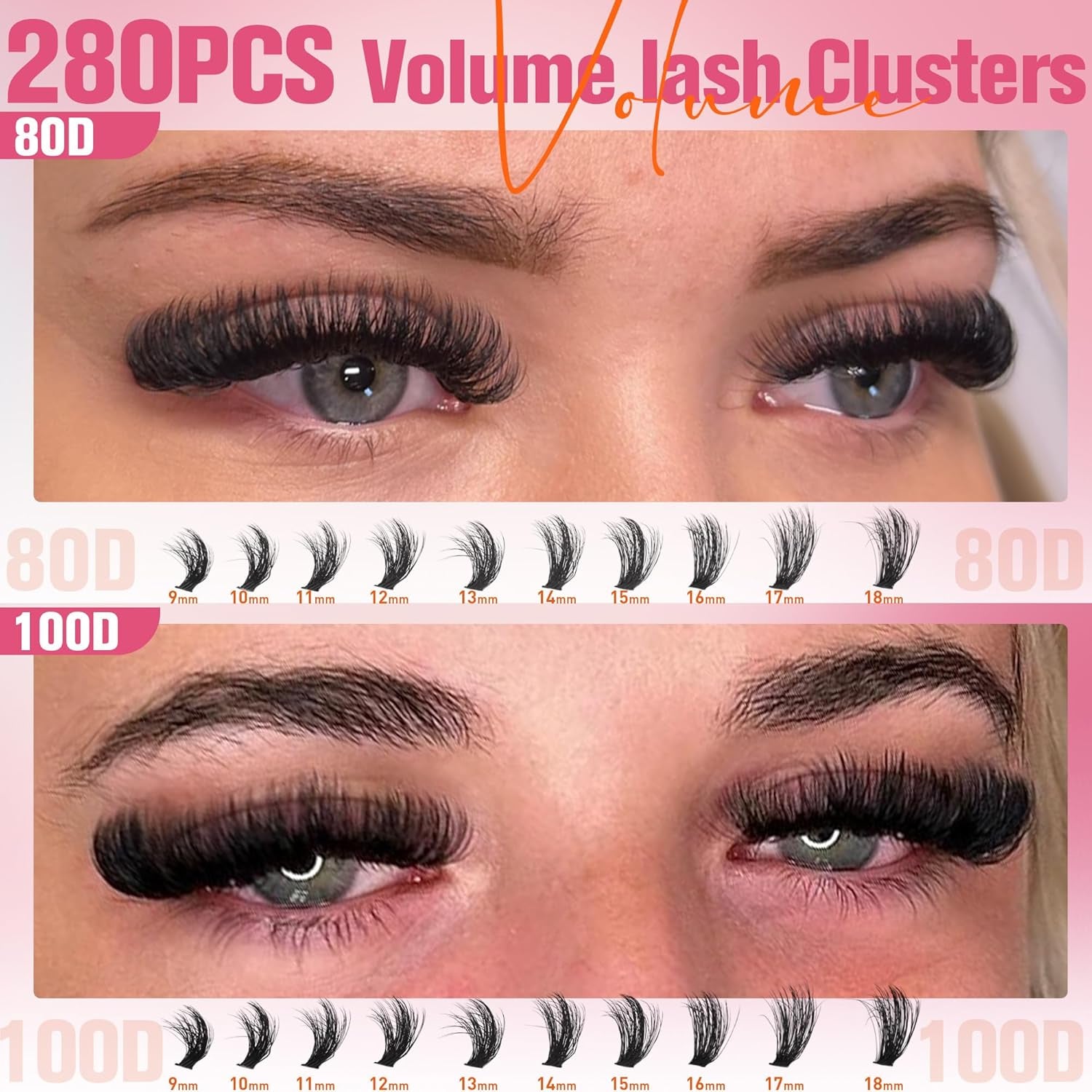 Fluffy Lash Clusters Kit 80D100D Volume Lash Extension Kit 280 Pcs Left/Right Cluster Eyelash Extension Kit D Curl Thick Mega Lash Clusters with Waterproof Lash Bond and Seal and Lash Tweezers