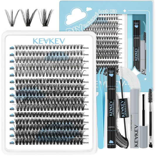 Lash Extension Kit 300Pcs Lash Clusters Kit DIY Eyelash Extension Kit with Lash Bond and Seal Eyelash Remover Lash Applicator Wispy Lashes Look like Extensions(20D+40D+50D, D-10-18Mix)