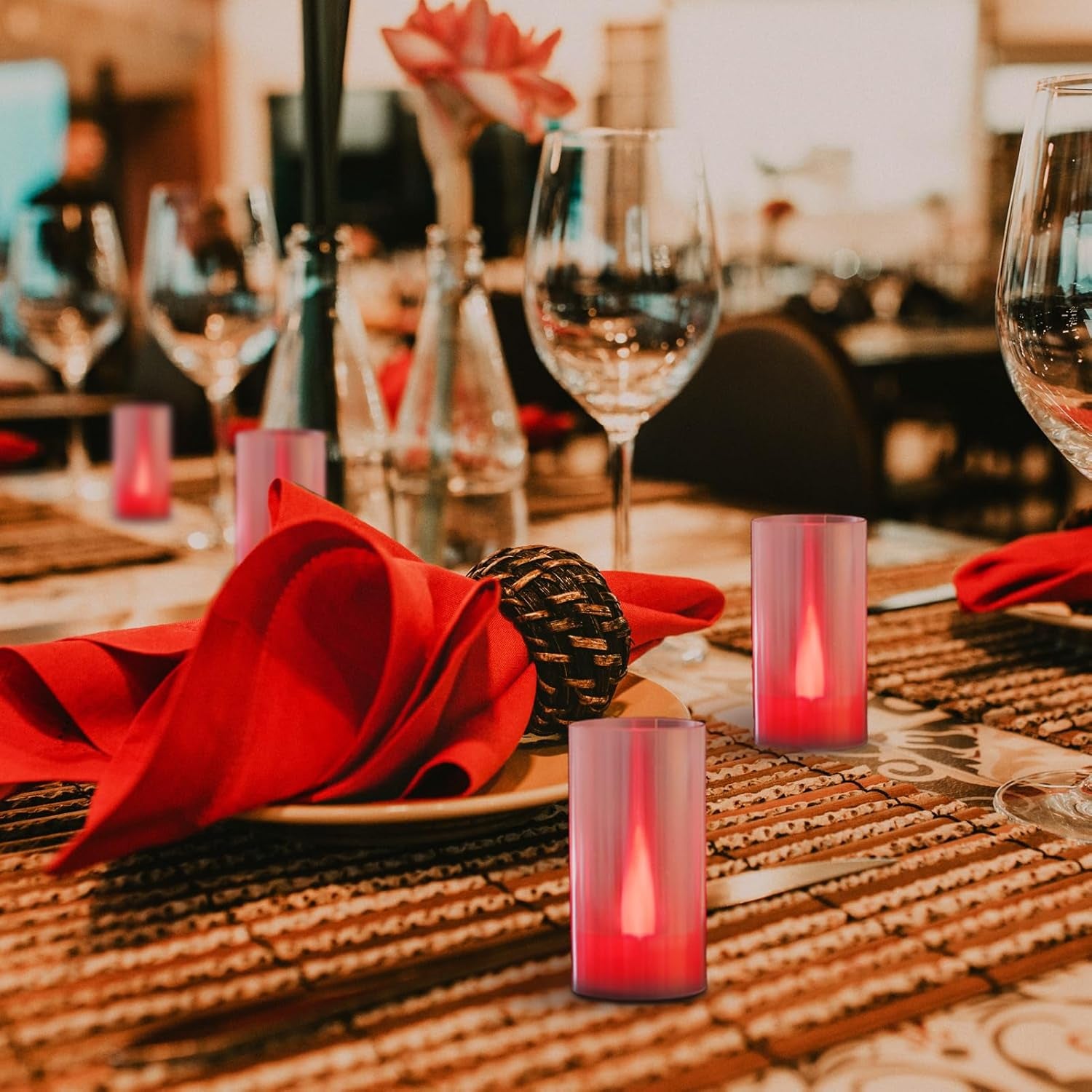 Flameless Candles, Battery Operated LED Pillar Candles, D1.5 X H3 Inch, Flickering Red Long Flame-Effect Light, Romantic Electronic Fake Votive Candles for Halloween, Set of 12 (Red)