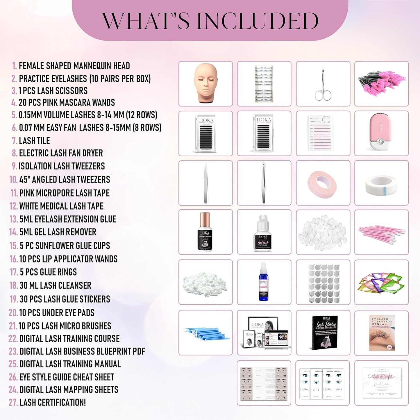 Lash Eyelash Extension Kit & Training Course and Certification, Professional Lash Extension Kit for Beginners Includes Practice Mannequin Head, Lash Trays, Glue, Tweezers, Fan & More