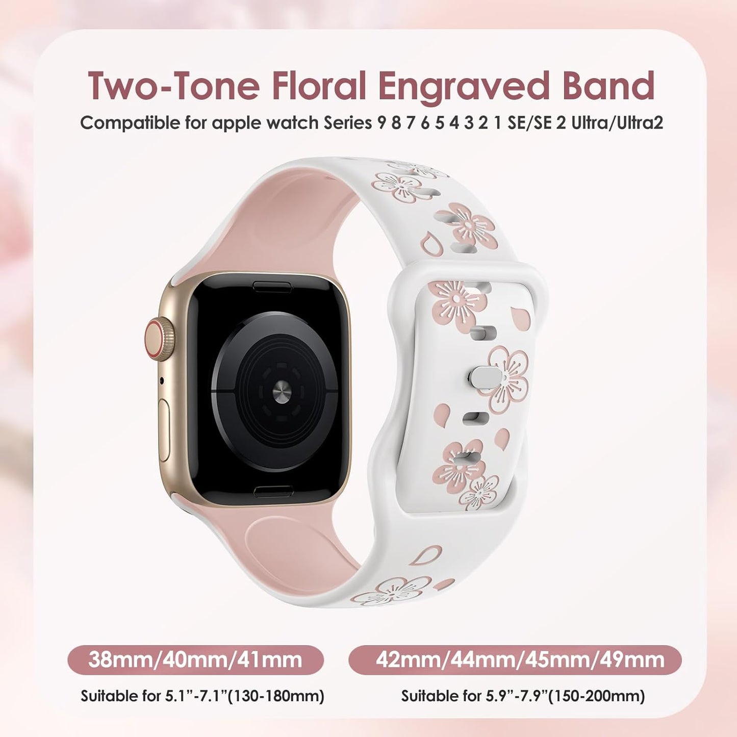 Floral Engraved Bands Compatible with Apple Watch 38Mm 40Mm 41Mm 42Mm 44Mm 45Mm 46Mm 49Mm for Women,Two-Tone Cute Flower Soft Silicone Sport Strap for Iwatch Ultra Series 10 9 8 7 6 5 4 3 2 1 SE