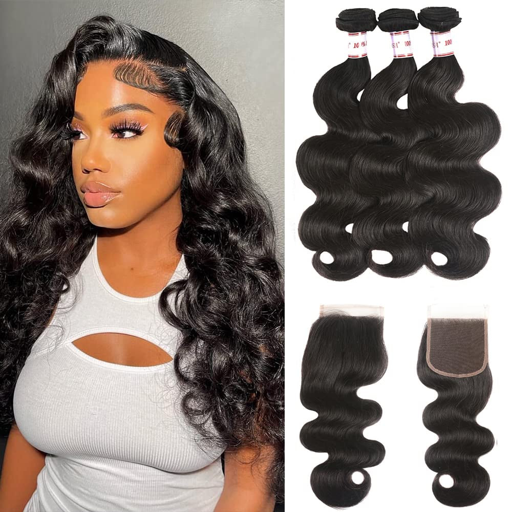 12A Brazilian Human Hair Bundles Body Wave 3 Bundles with Lace Closure 4X4 Free Part 100% Unprocessed Remy Human Hair Bundles with Closure Wet and Wavy Double Weft Natural Color (14 16 18+12)