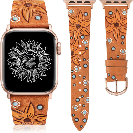 Leather Band Compatible with Apple Watch Band 41/40/38/44/45/49/42Mm Women, Boho Western Embossed Sunflower Floral Designer Wristband Leather Strap for Iwatch Series 9 8 7 6 5 4 3 2 1 SE Ultra