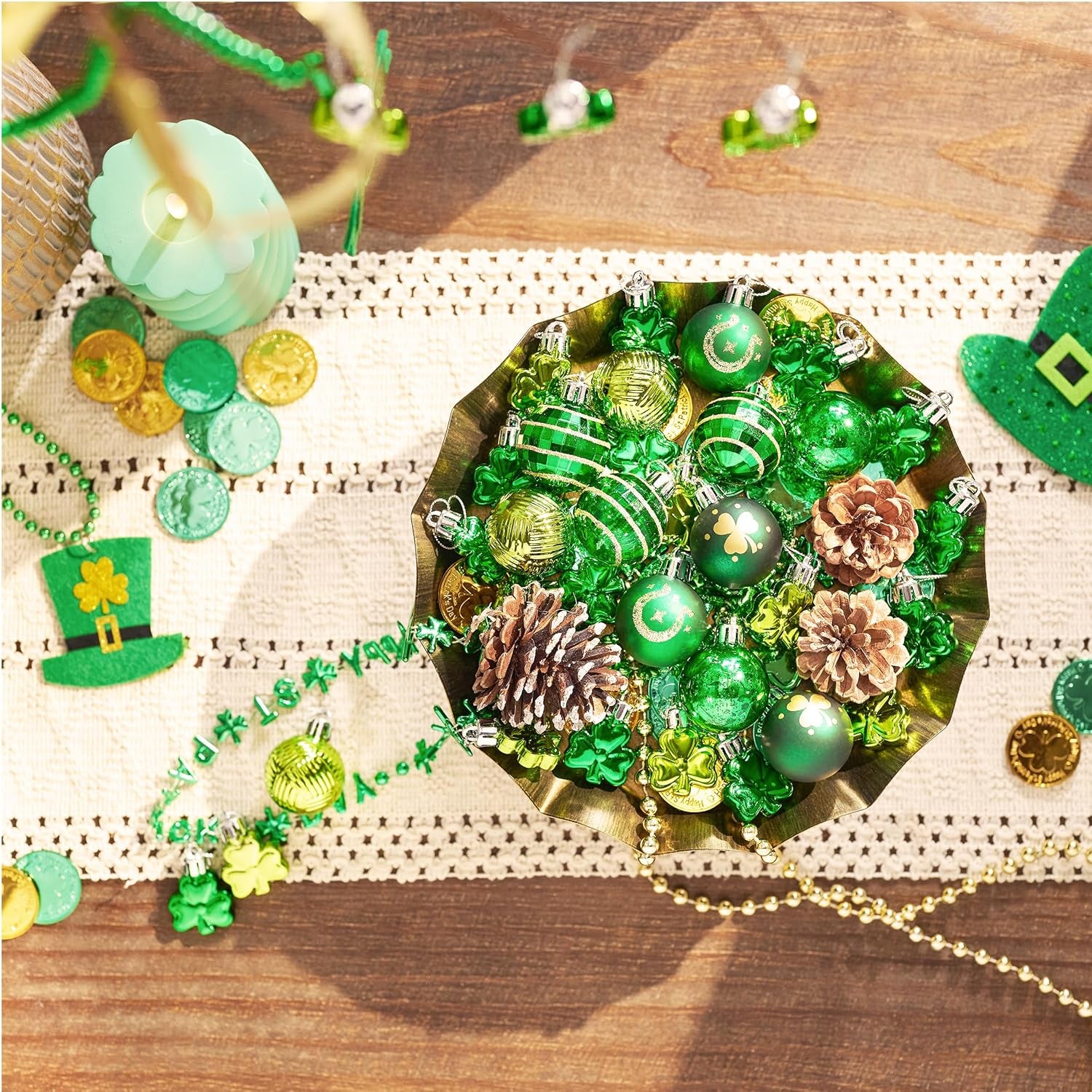 St Patricks Day Decorations Shamrock Tree Ornament Set, 28Ct 1.57Inch Hanging Ball Ornament Irish Festival Decor, Good Luck Clover Green Gold St. Patrick'S Ball for Party Home Spring