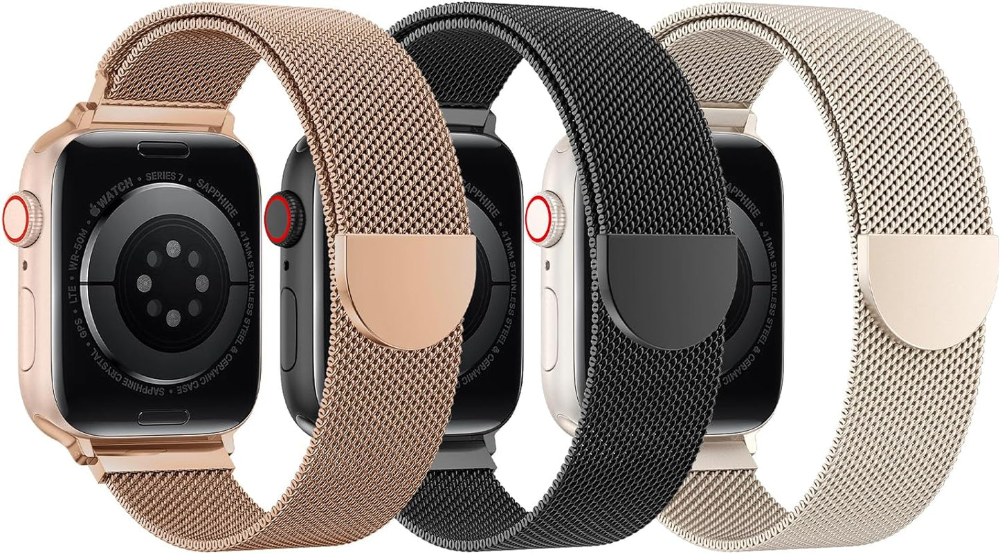 3 Pack Mesh Loop Compatible with Apple Watch Band Women Men 38Mm 40Mm 41Mm 42Mm 44Mm 45Mm 49Mm Series Ultra SE 9 8 7 6 5 4 3 2 1, Stainless Steel Metal Strap Magnetic Clasp for Iwatch Bands