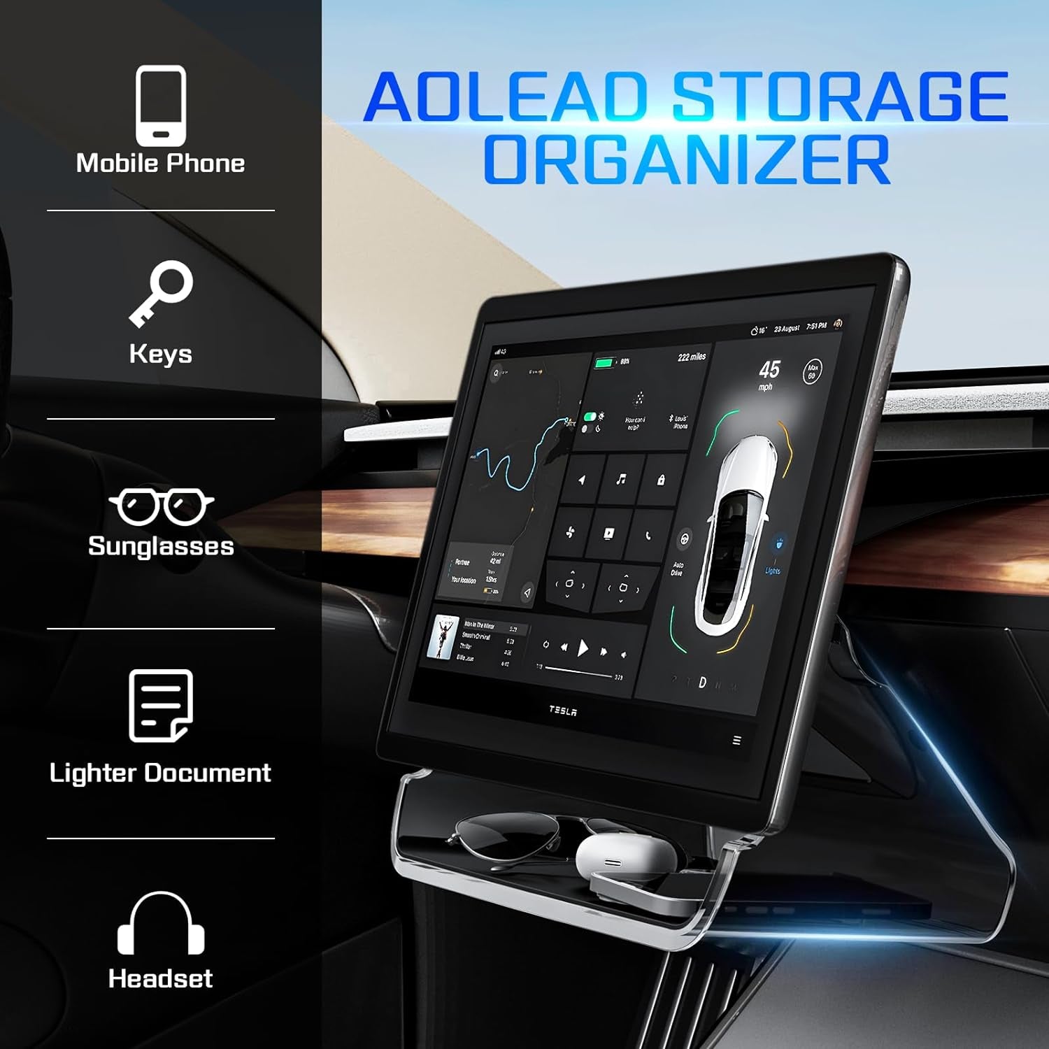 Tesla Center Console Organizer Tray:Under Screen Magnetic Storage Box for Model Y Model3 Accessories 2024 2023 2022 2021 behind Screen Storage Dashboard Organizer Tissue Holder