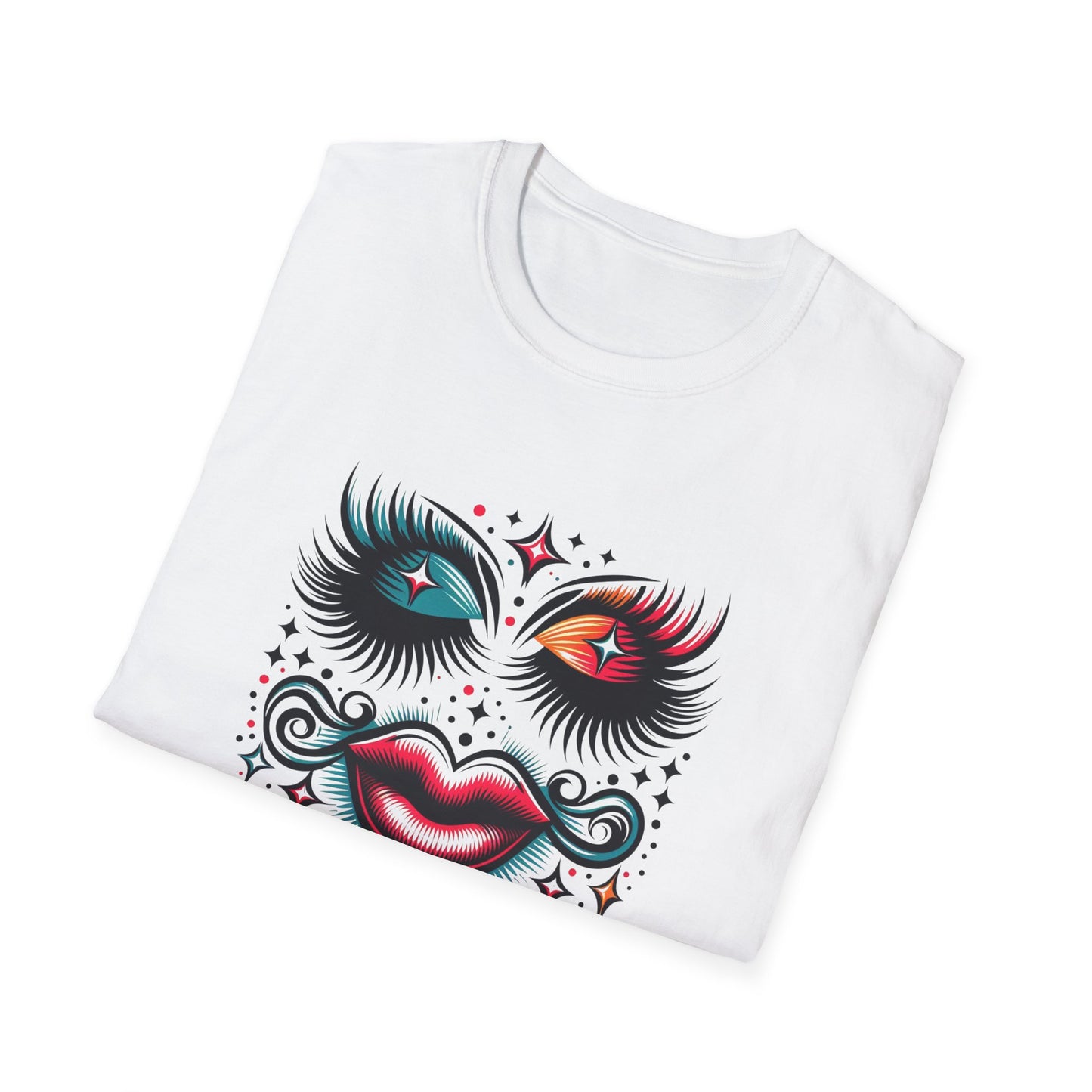 LASHES Vibrant Face Graphic T-Shirt - Unisex Softstyle Tee for Festivals & Celebrations