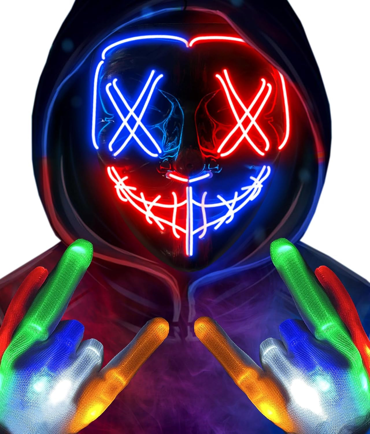 Halloween Mask Skeleton Gloves Set, Light up Scary LED Mask with Glow Gloves, Halloween Costumes for Boys Girls