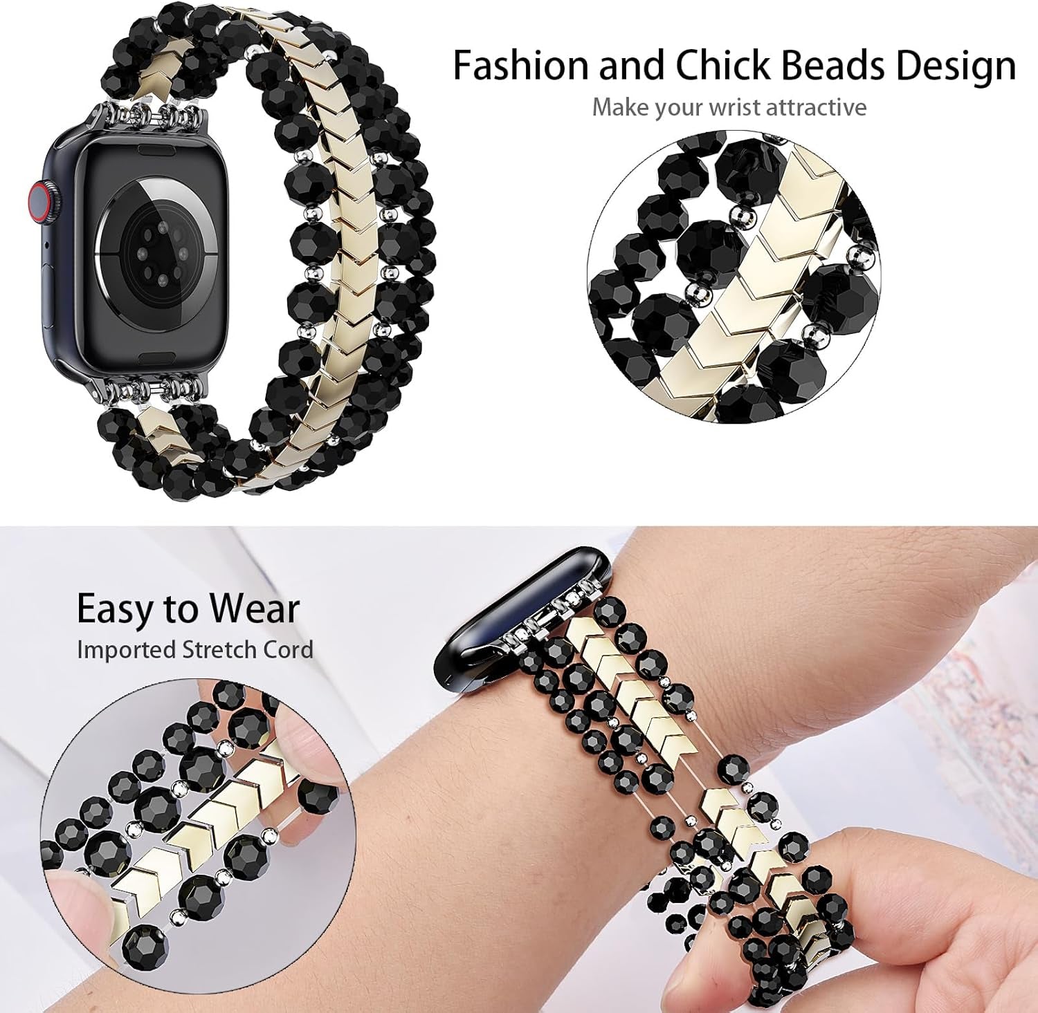 Beaded Bracelet Compatible with Apple Watch Band 42Mm/44Mm/45Mm Series 9/8/7/SE/6/5/4/3/2/1 Women Fashion Handmade Elastic Stretch Strap for Iwatch Bands Replacement