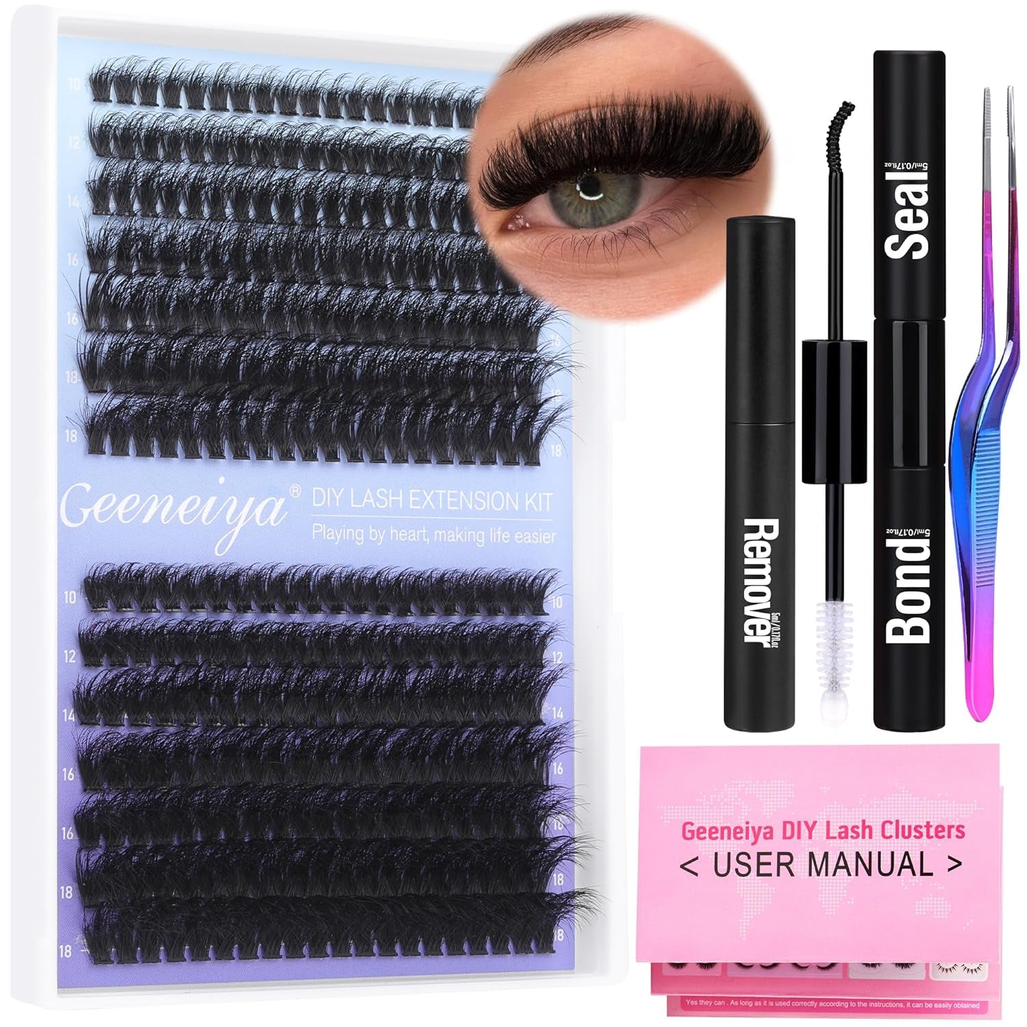 Fluffy Lash Extension Kit Cluster Eyelash Extension Kit Clusters Individual Lashes Kit with Lash Bond and Seal Glue, Lash Remover, Lash Applicator, User Manual for Beginners(60P+80P, 280Pcs)