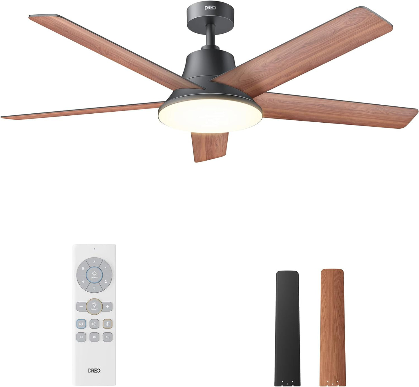 Ceiling Fans with Lights and Remote, 52 Inch, 6 Speeds, 5 Color Tones Dimmable LED, Quiet Reversible DC Motor, 8H Timer, Black Ceiling Fan for Bedroom, Living Room, Easy to Install